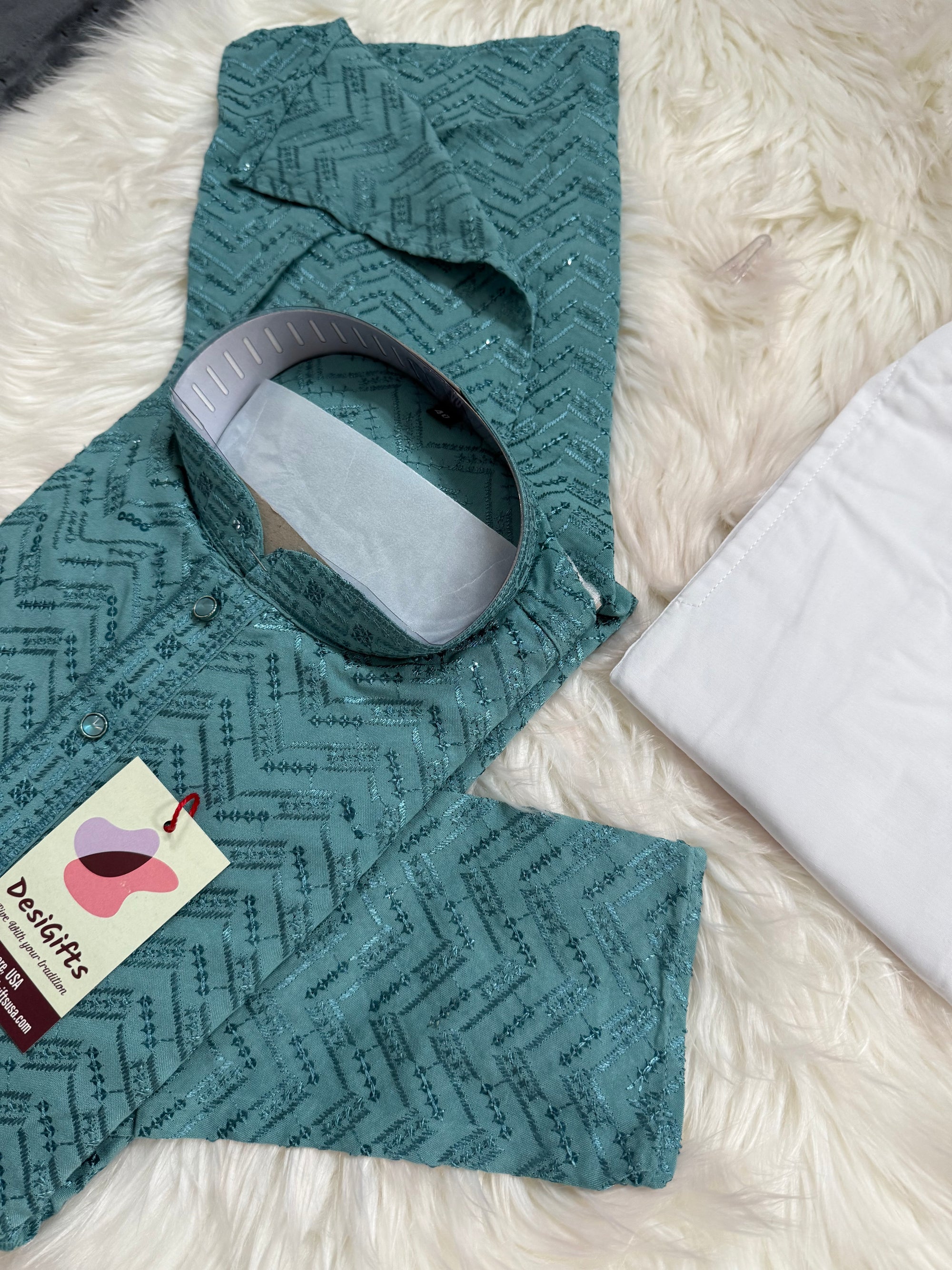 Sequins Work Chikankari Rayon 2 Piece Kurta Pajama Set in Teal Shade for Man, KP - 1804