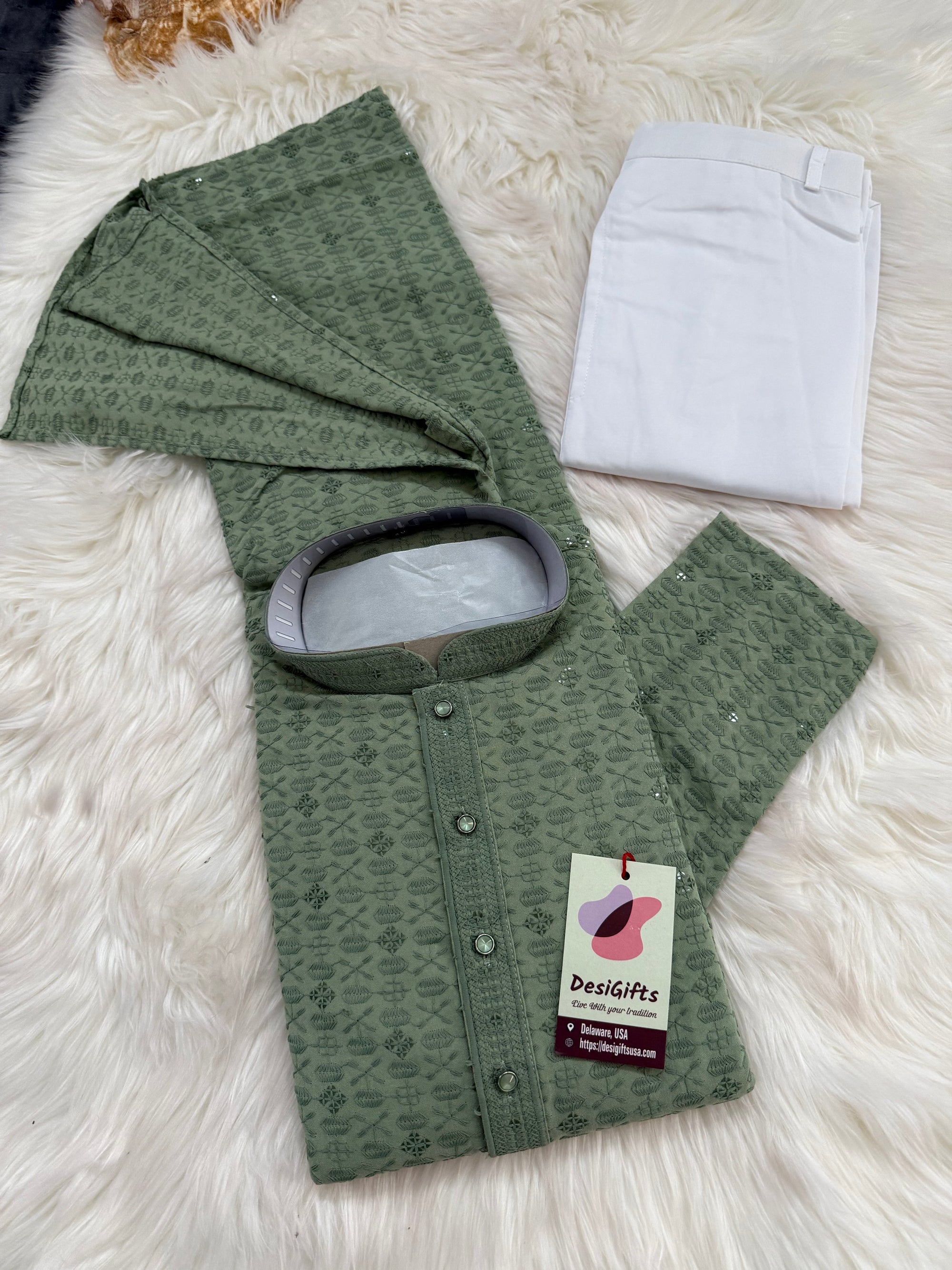 Sequins Work Chikankari Rayon 2 Piece Kurta Pajama Set in Green Shade for Man, KP - 1802