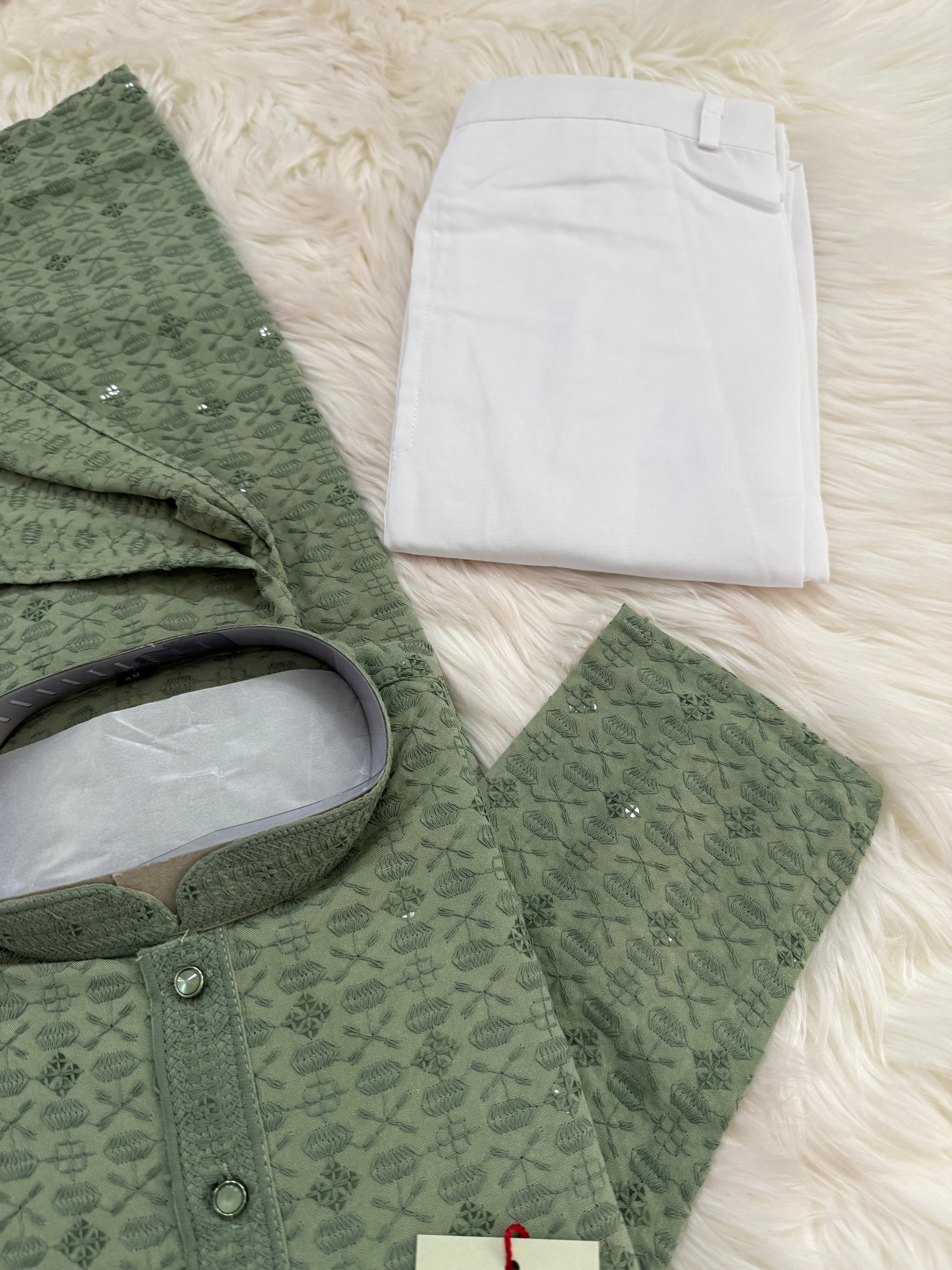 Sequins Work Chikankari Rayon 2 Piece Kurta Pajama Set in Green Shade for Man, KP - 1802