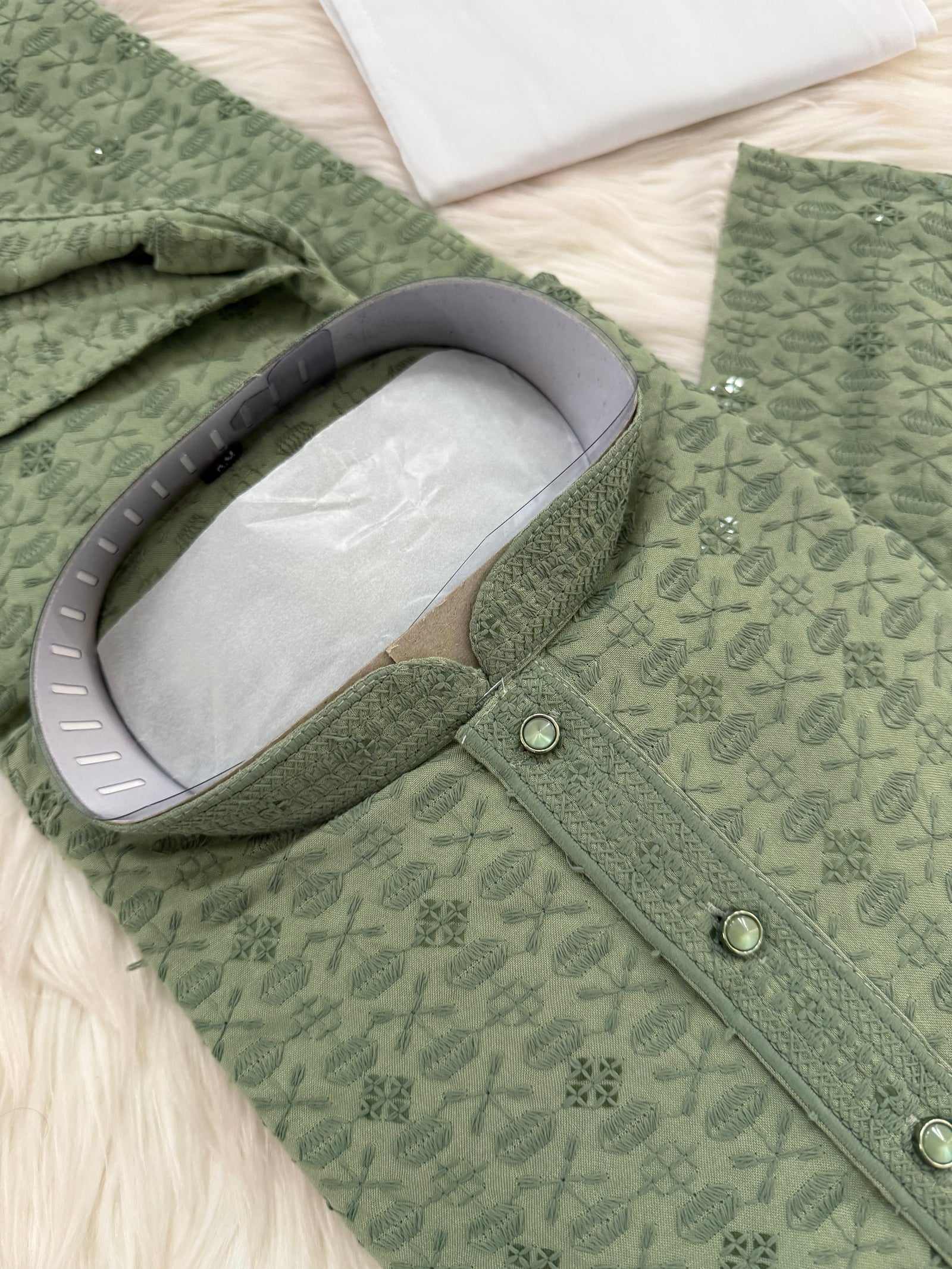 Sequins Work Chikankari Rayon 2 Piece Kurta Pajama Set in Green Shade for Man, KP - 1802