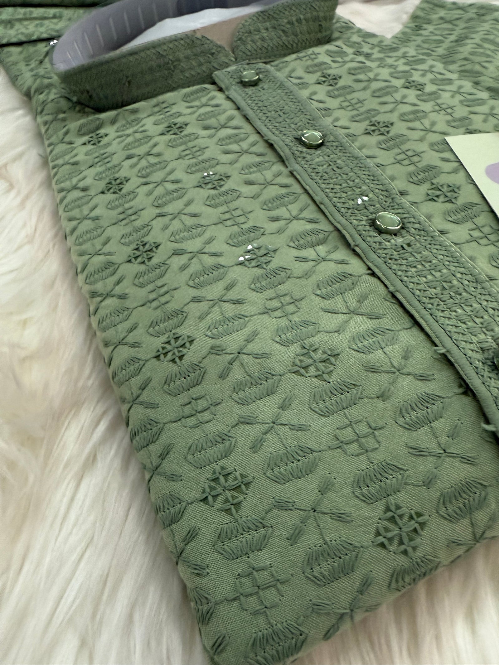 Sequins Work Chikankari Rayon 2 Piece Kurta Pajama Set in Green Shade for Man, KP - 1802