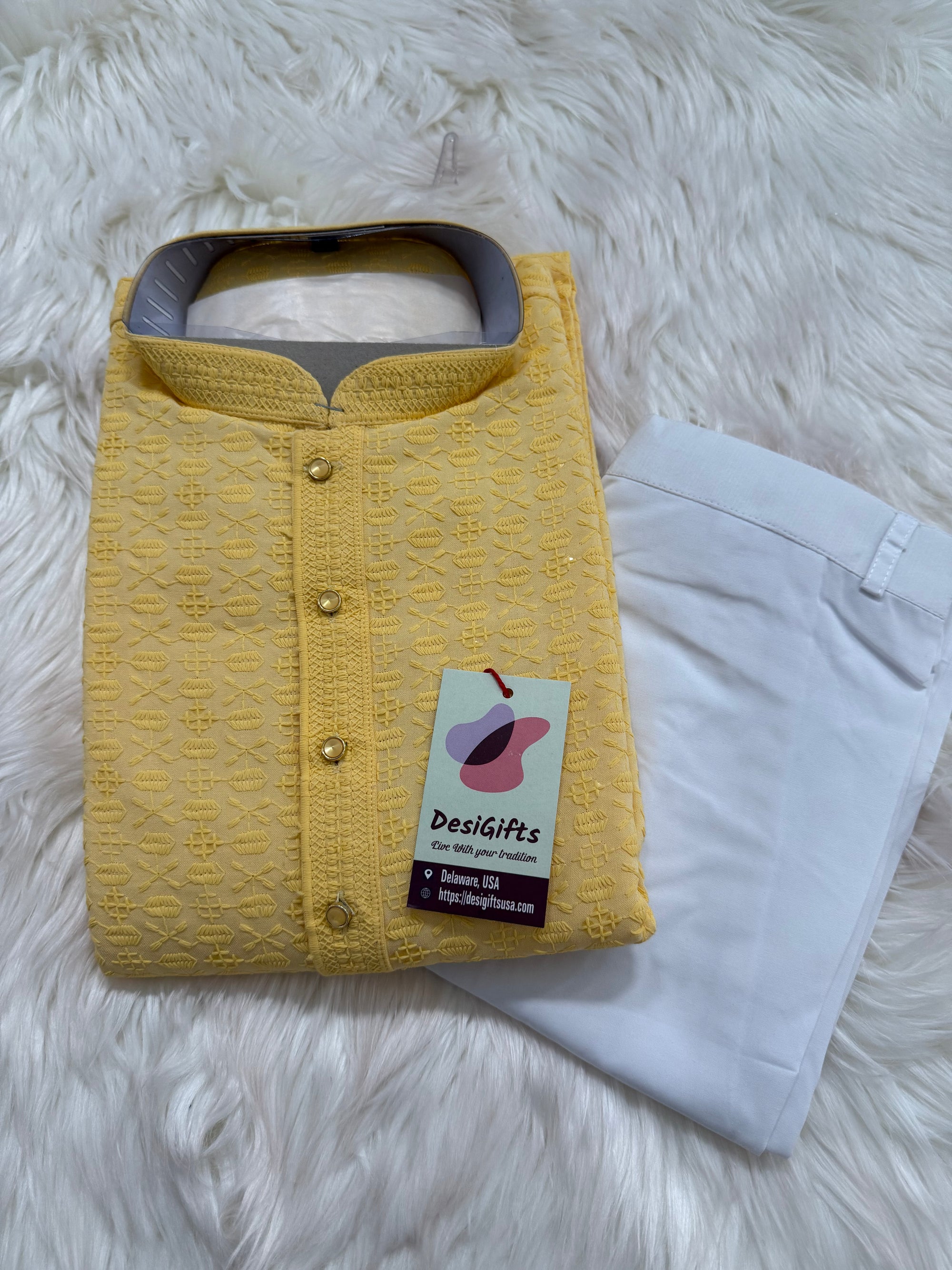 Sequins Work Chikankari Rayon 2 Piece Kurta Pajama Set in Yellow Shade for Man, KP - 1803