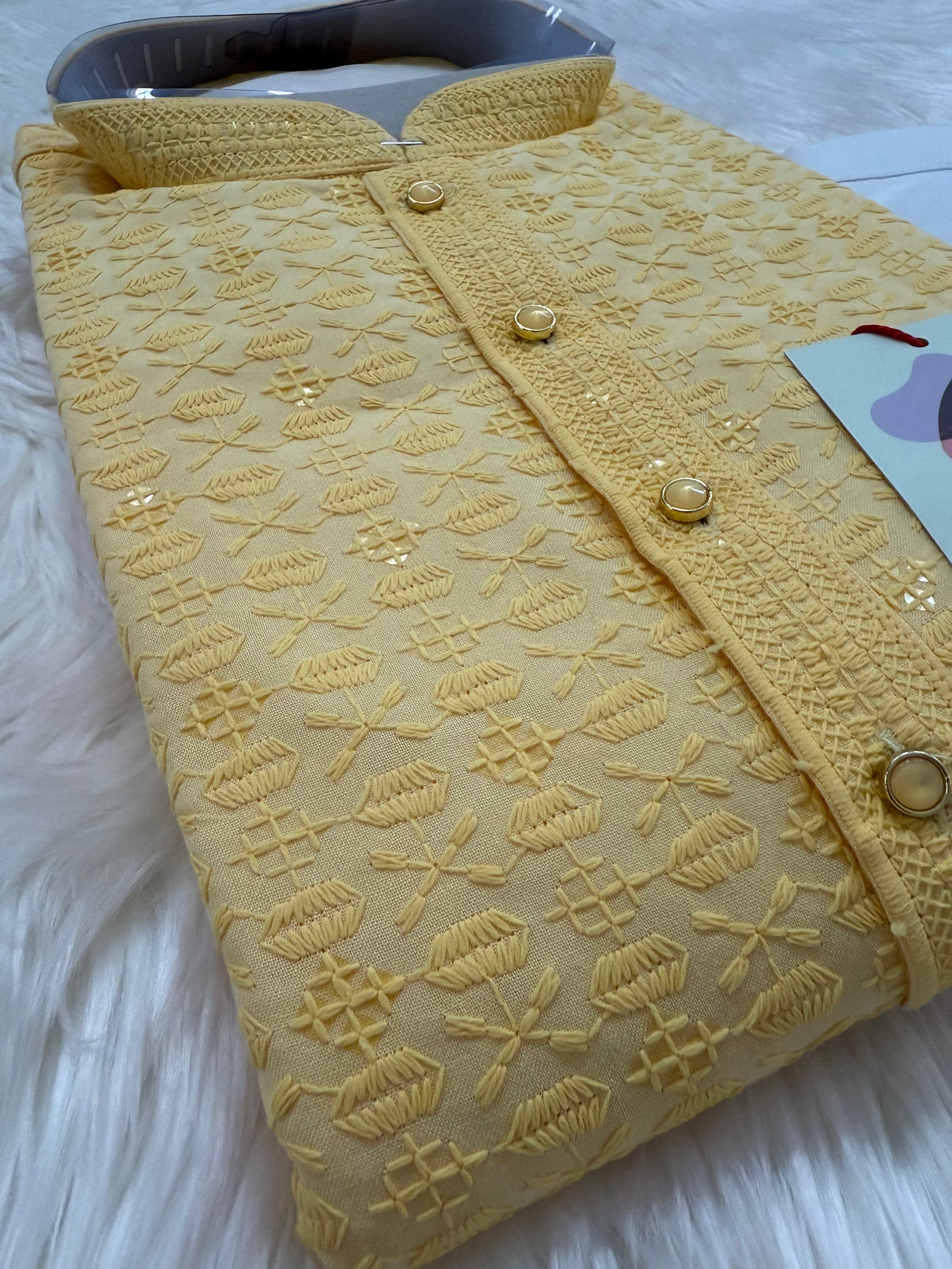 Sequins Work Chikankari Rayon 2 Piece Kurta Pajama Set in Yellow Shade for Man, KP - 1803