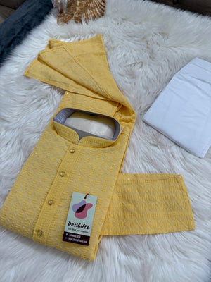Sequins Work Chikankari Rayon 2 Piece Kurta Pajama Set in Yellow Shade for Man, KP - 1803