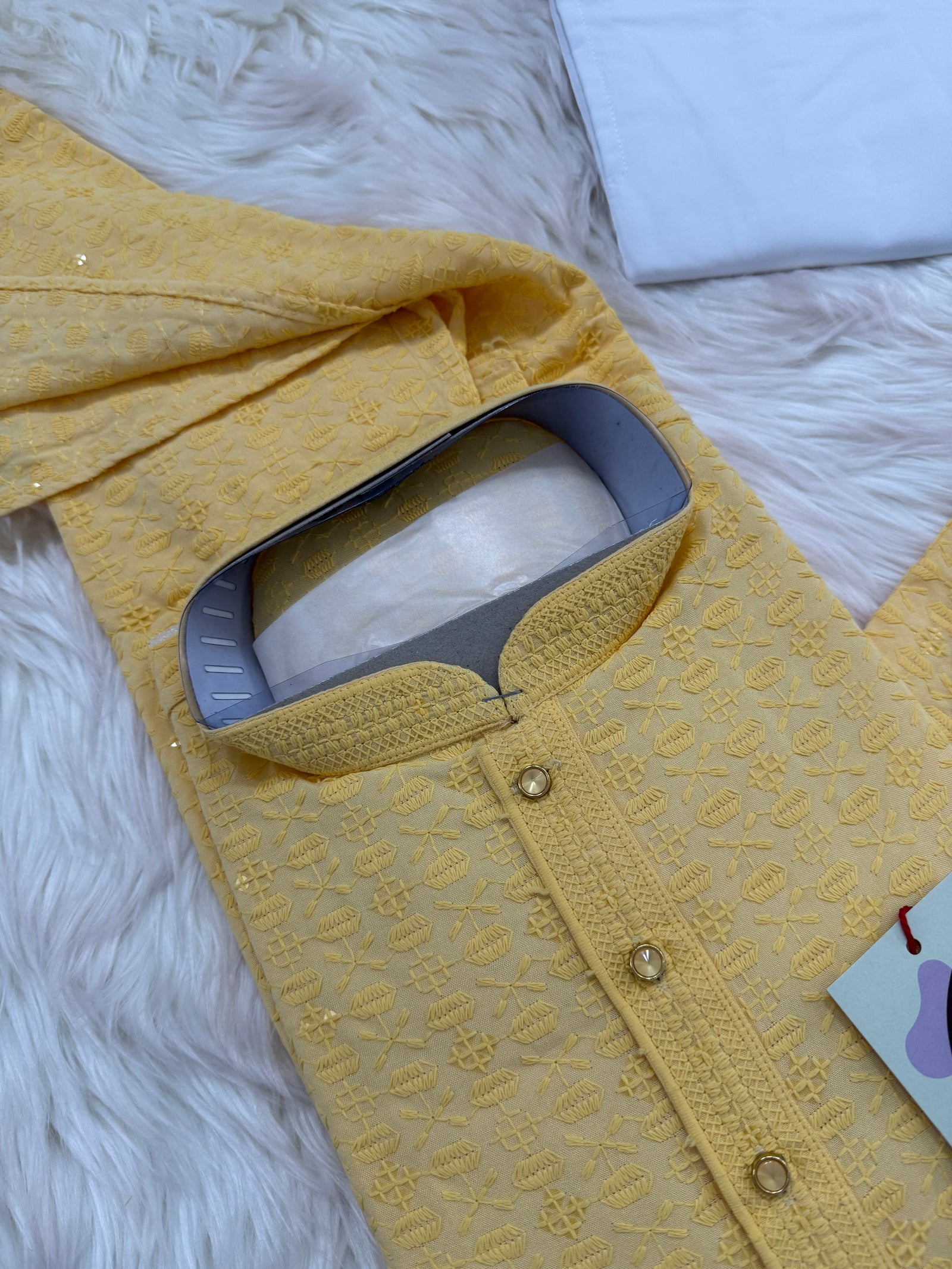 Sequins Work Chikankari Rayon 2 Piece Kurta Pajama Set in Yellow Shade for Man, KP - 1803