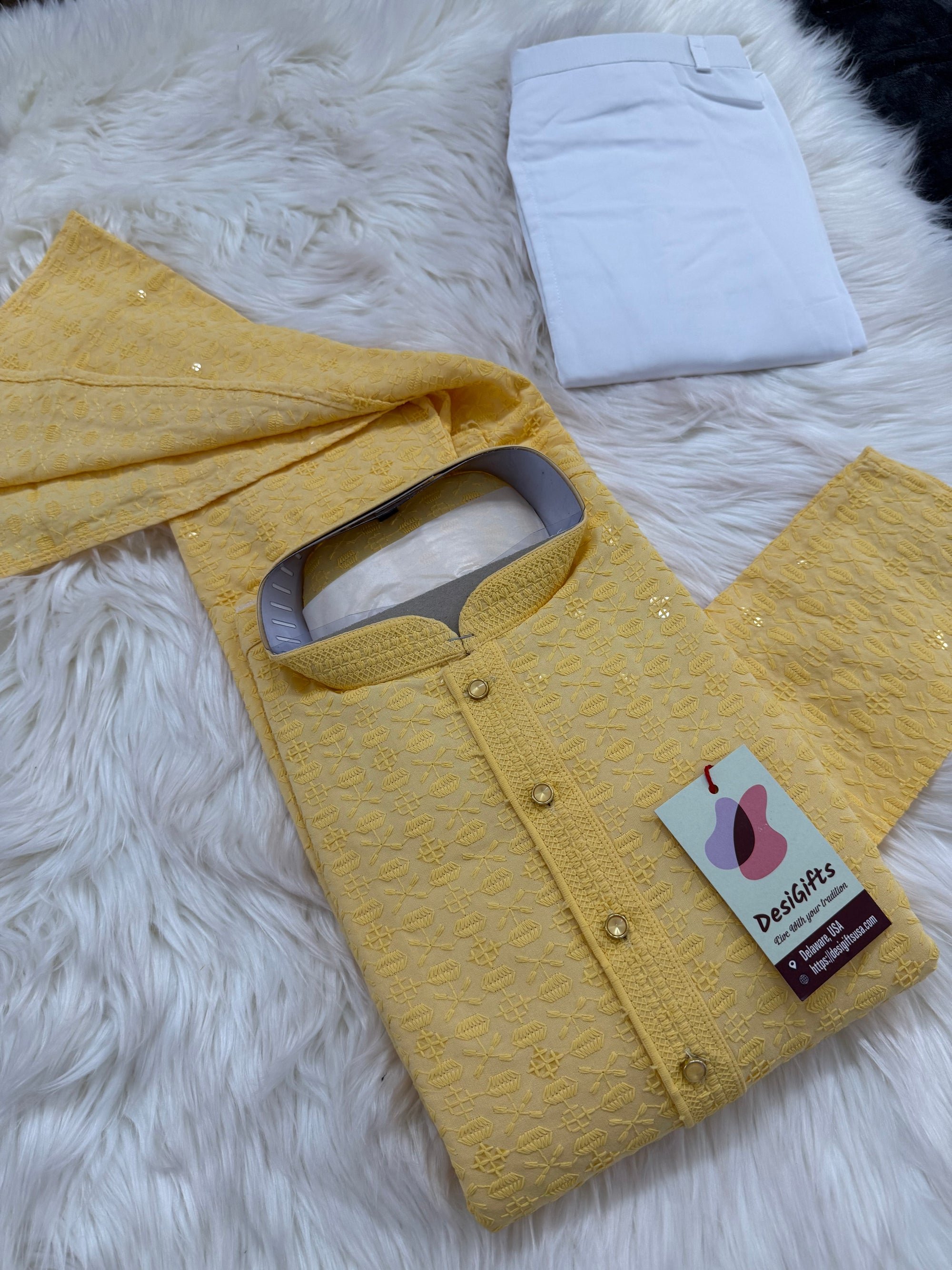 Sequins Work Chikankari Rayon 2 Piece Kurta Pajama Set in Yellow Shade for Man, KP - 1803