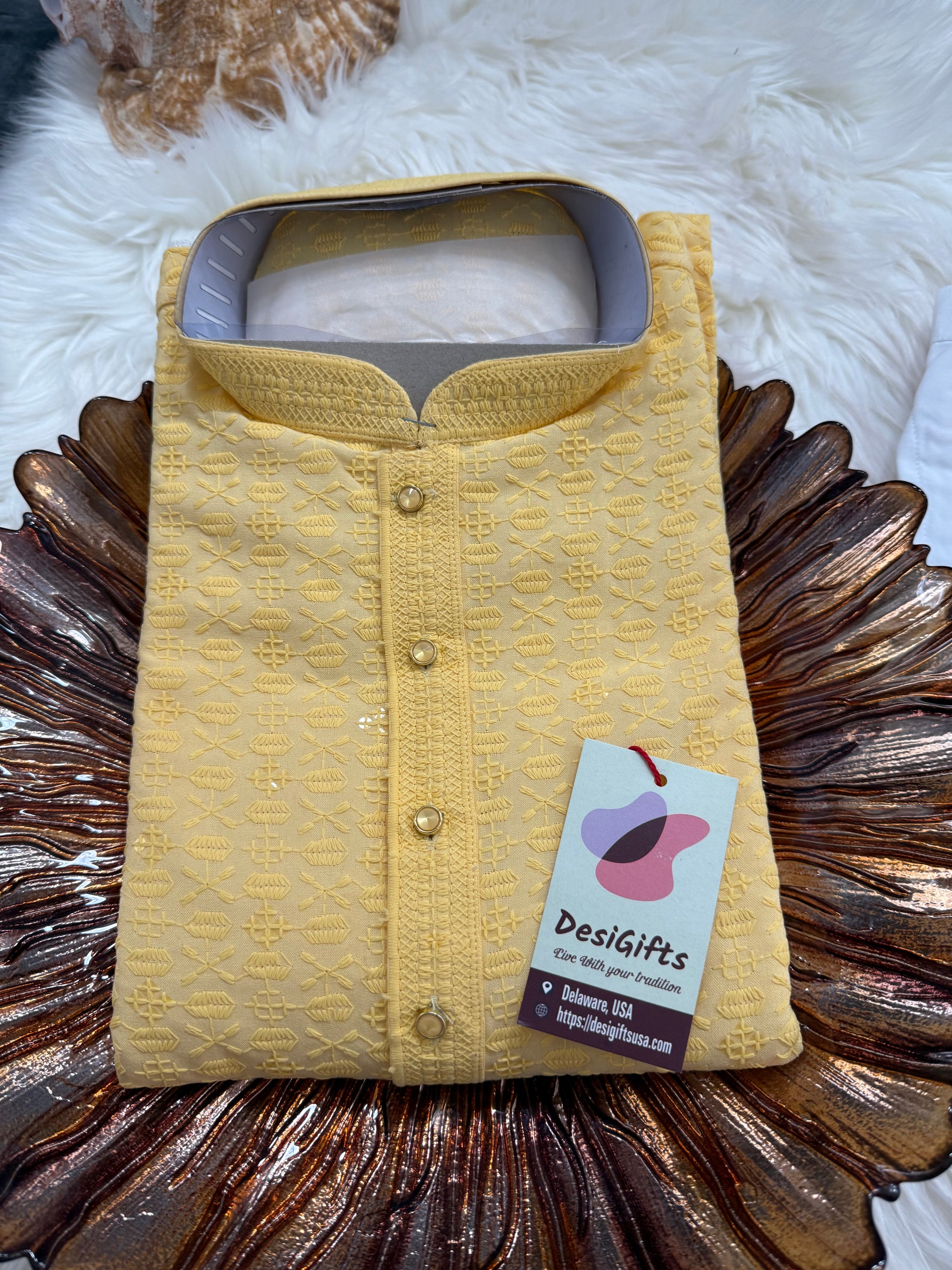 Sequins Work Chikankari Rayon 2 Piece Kurta Pajama Set in Yellow Shade for Man, KP - 1803
