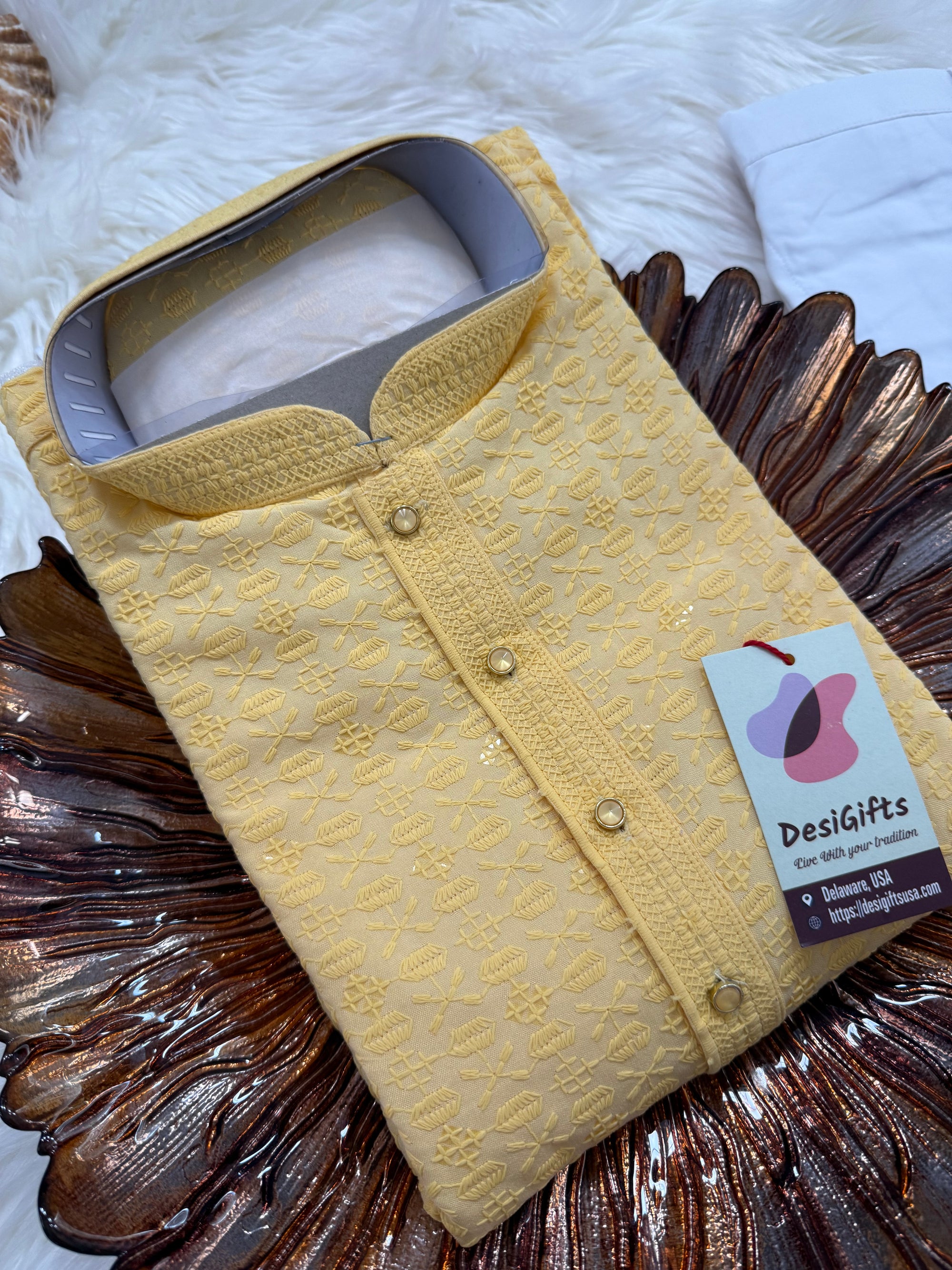 Sequins Work Chikankari Rayon 2 Piece Kurta Pajama Set in Yellow Shade for Man, KP - 1803