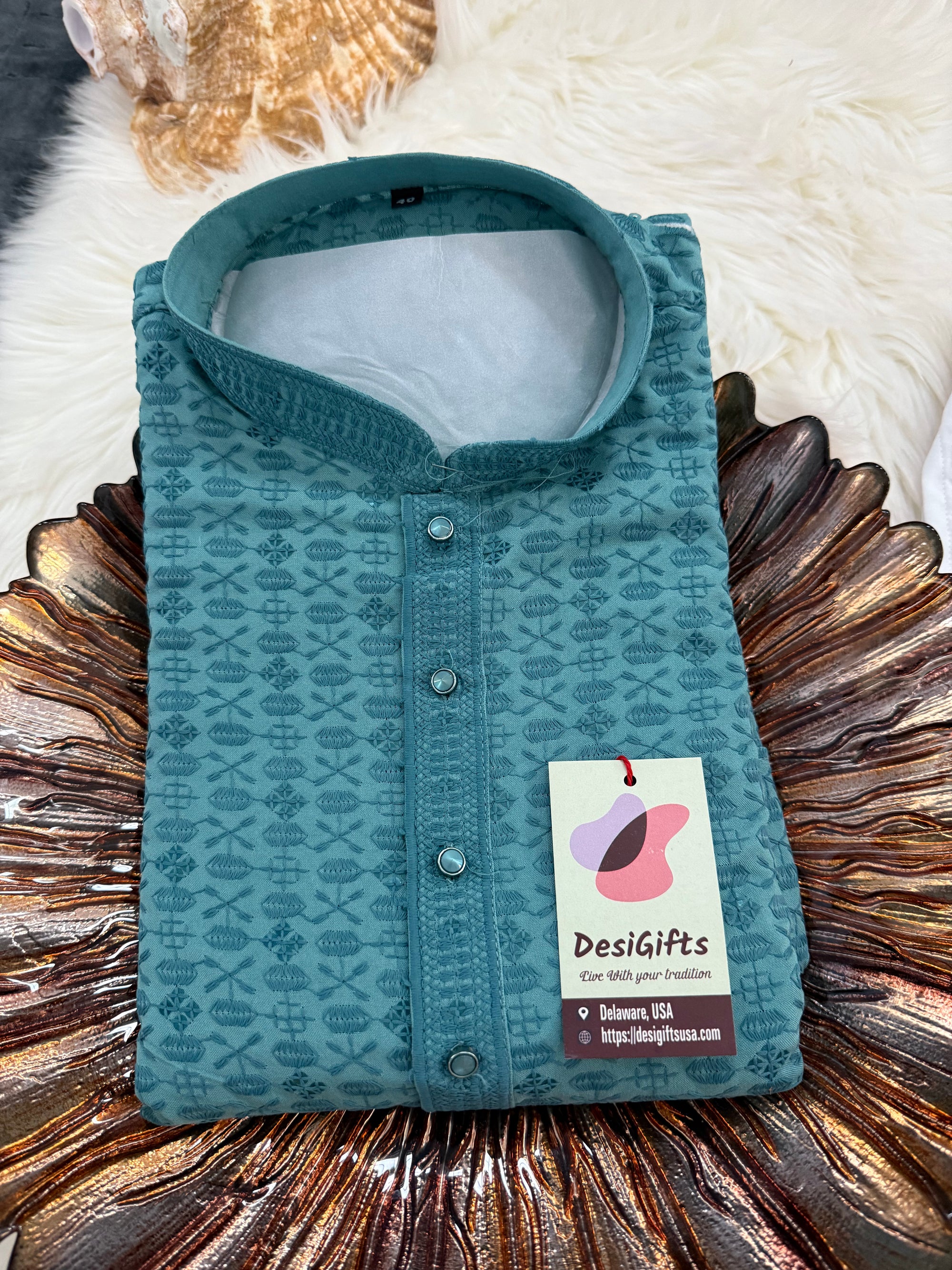 Sequins Work Chikankari Rayon 2 Piece Kurta Pajama Set in Teal Blue Shade for Man, KP - 1801