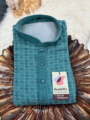 Sequins Work Chikankari Rayon 2 Piece Kurta Pajama Set in Teal Blue Shade for Man, KP - 1801