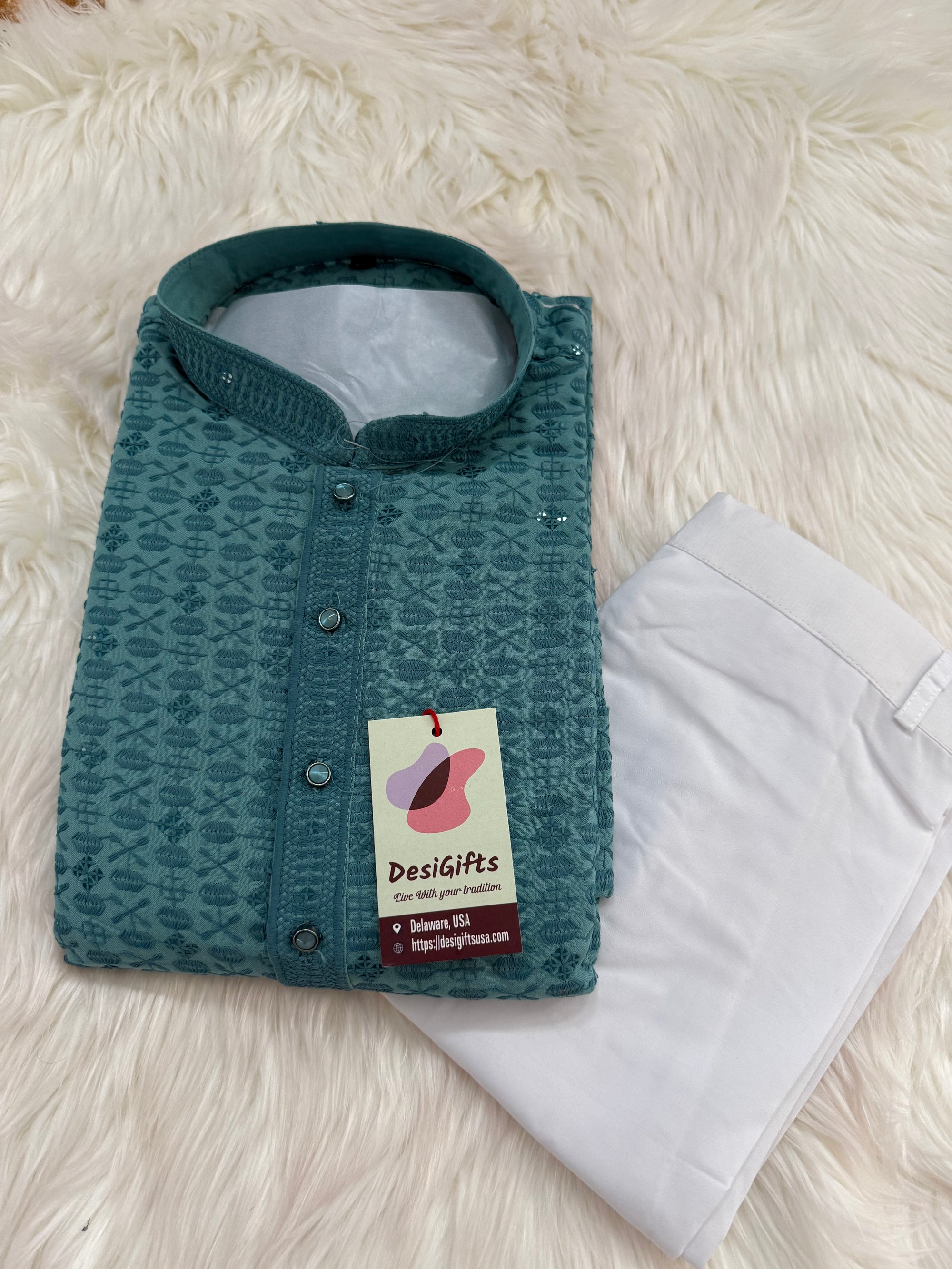 Sequins Work Chikankari Rayon 2 Piece Kurta Pajama Set in Teal Blue Shade for Man, KP - 1801