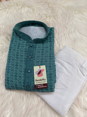 Sequins Work Chikankari Rayon 2 Piece Kurta Pajama Set in Teal Blue Shade for Man, KP - 1801