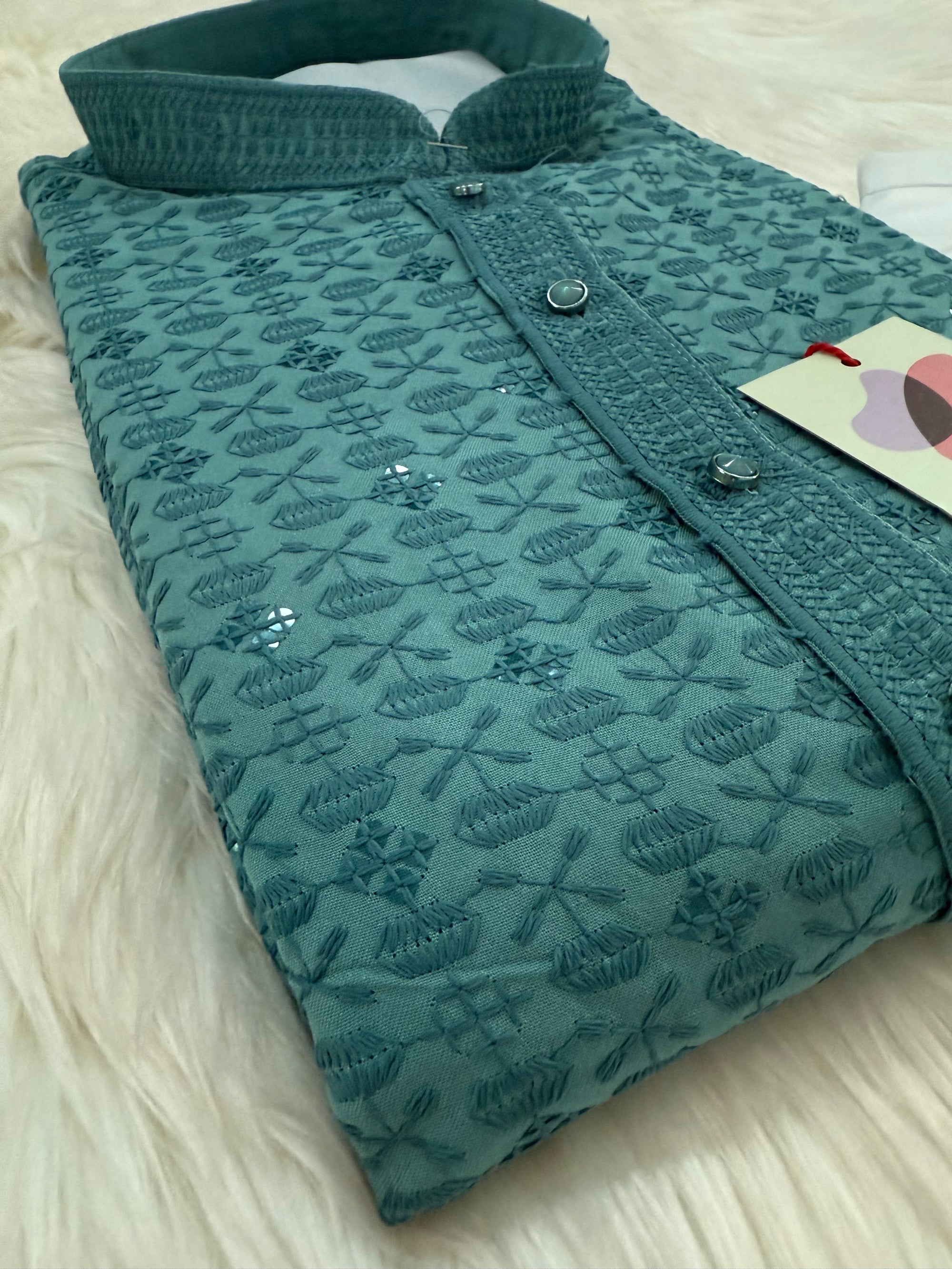 Sequins Work Chikankari Rayon 2 Piece Kurta Pajama Set in Teal Blue Shade for Man, KP - 1801