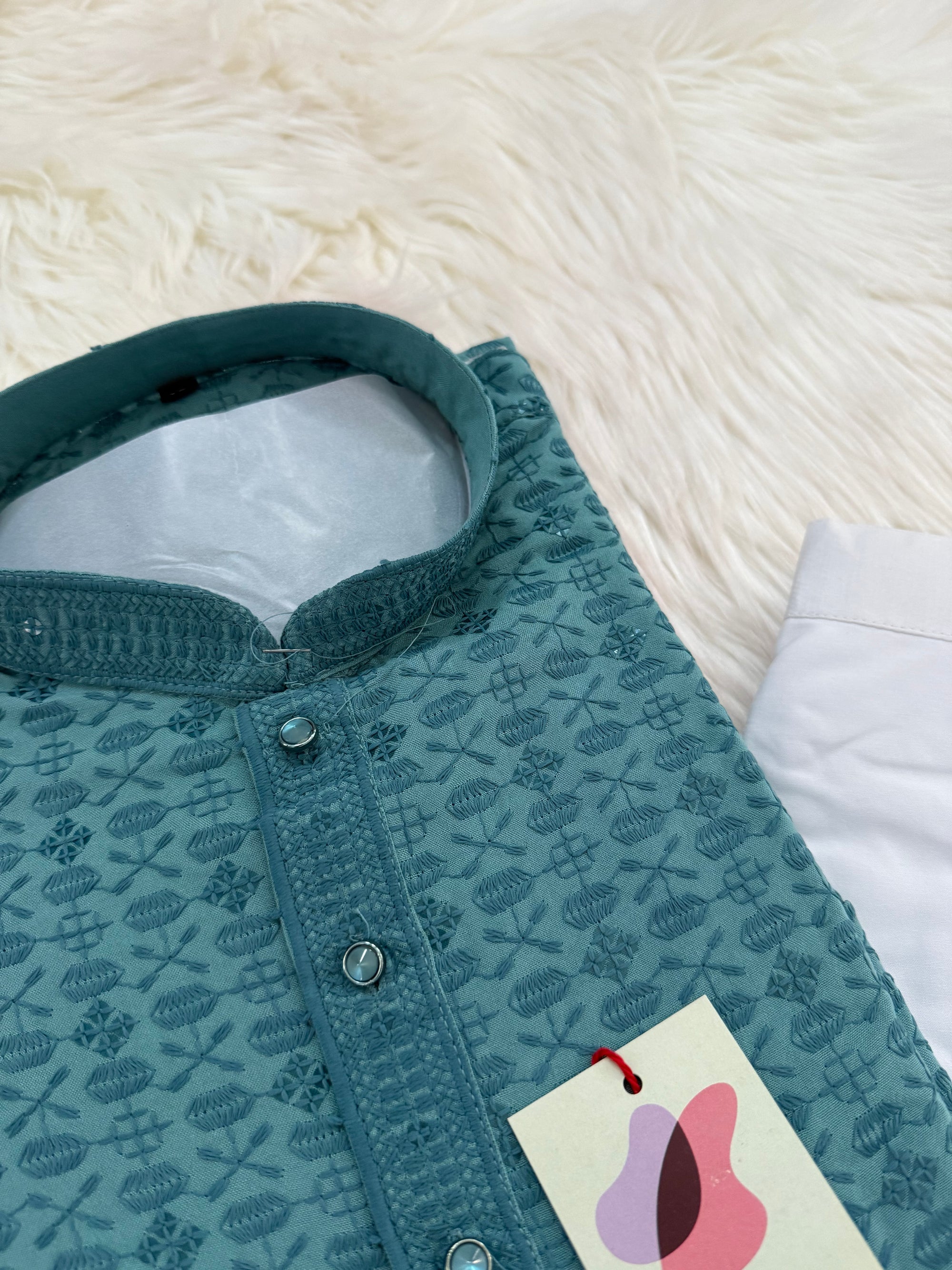 Sequins Work Chikankari Rayon 2 Piece Kurta Pajama Set in Teal Blue Shade for Man, KP - 1801