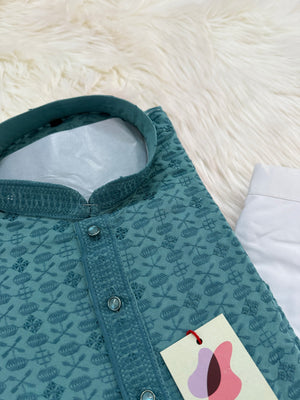 Sequins Work Chikankari Rayon 2 Piece Kurta Pajama Set in Teal Blue Shade for Man, KP - 1801