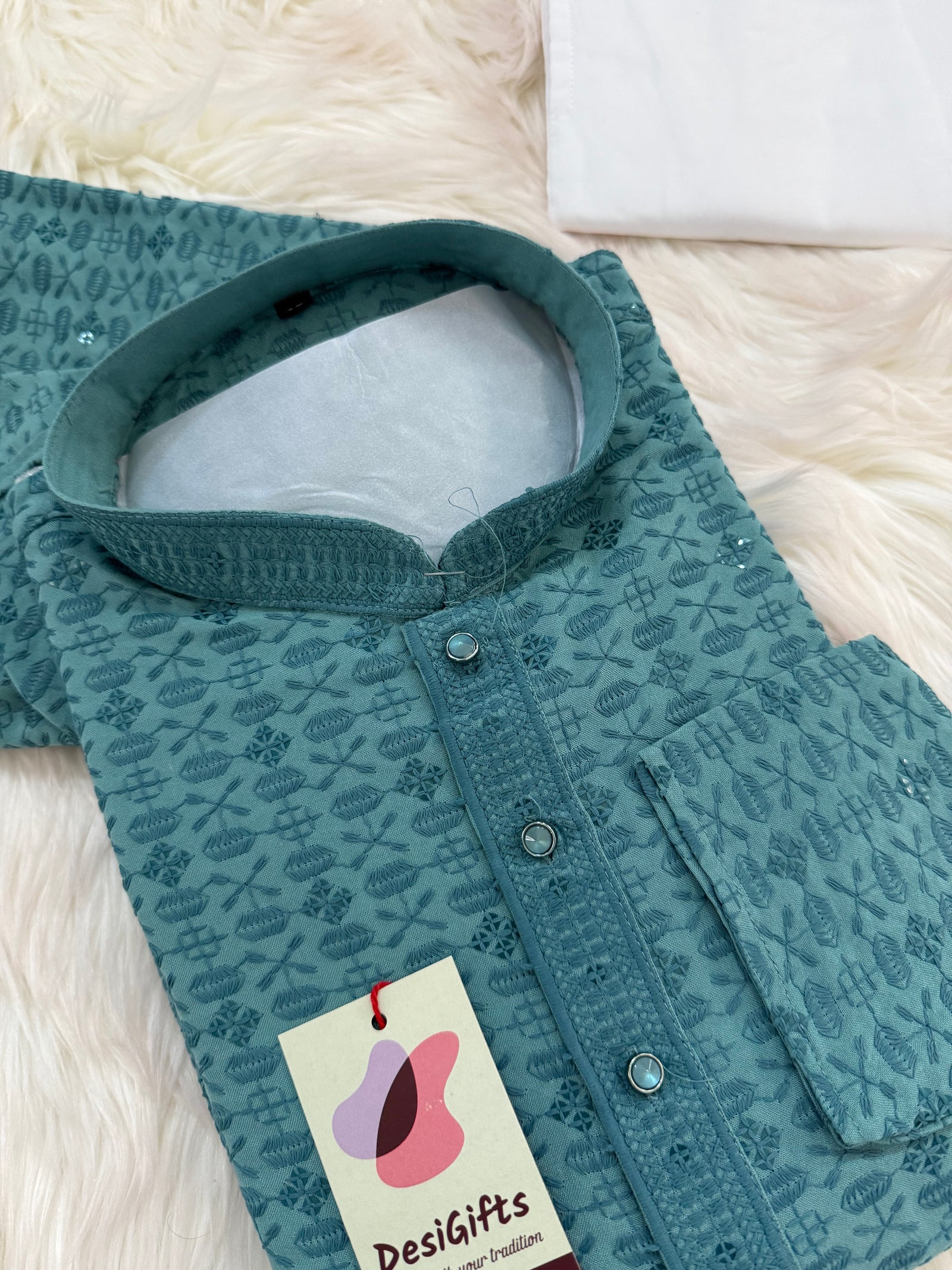 Plus Size, Sequins Work Chikankari Rayon 2 Piece Kurta Pajama Set in Teal Blue Shade for Man, KP - 1801