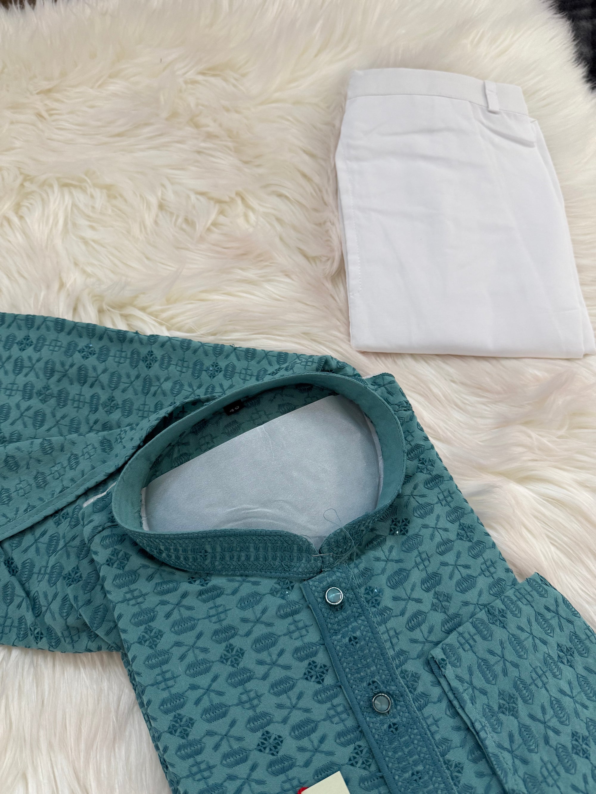 Sequins Work Chikankari Rayon 2 Piece Kurta Pajama Set in Teal Blue Shade for Man, KP - 1801