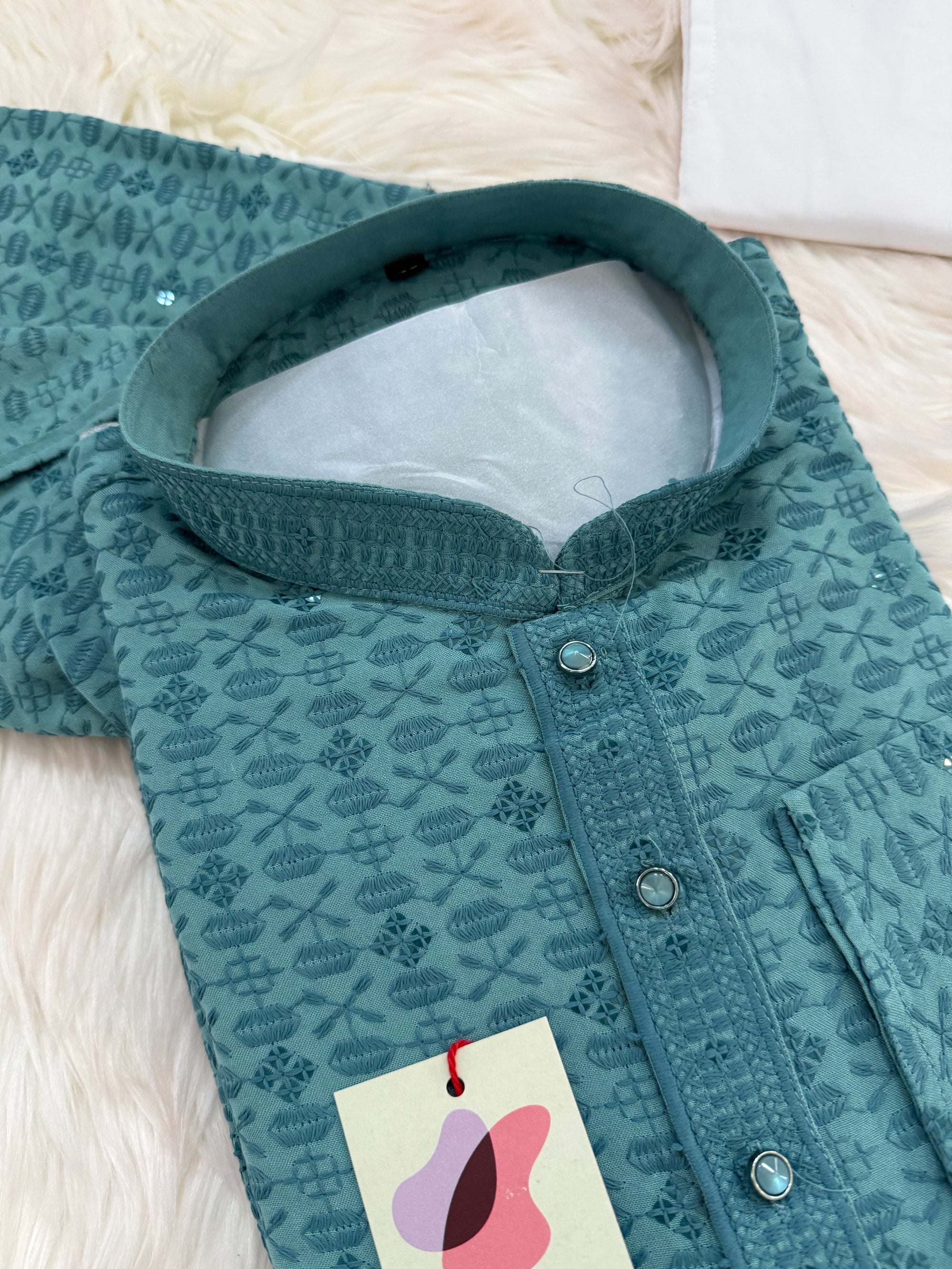 Sequins Work Chikankari Rayon 2 Piece Kurta Pajama Set in Teal Blue Shade for Man, KP - 1801