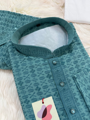 Sequins Work Chikankari Rayon 2 Piece Kurta Pajama Set in Teal Blue Shade for Man, KP - 1801