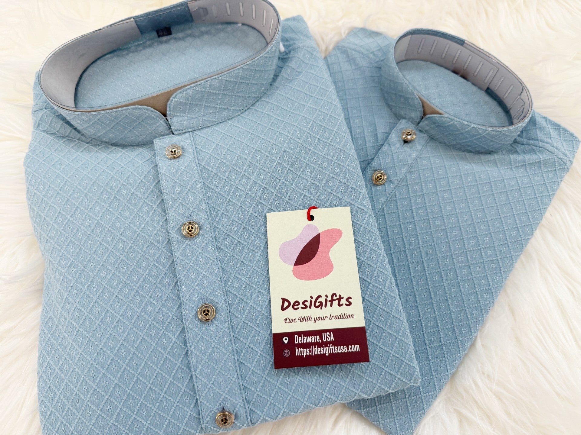 Soft Cotton Silk Kurta Pajama Set in SkyBlue Shade, Father & Son's Option for Indian Festive Clothing, DM -1808