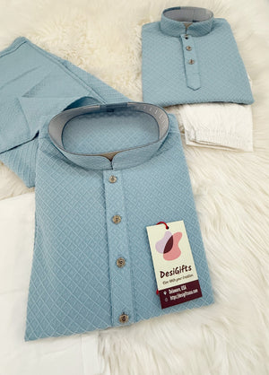 Soft Cotton Silk Kurta Pajama Set in SkyBlue Shade, Father & Son's Option for Indian Festive Clothing, DM -1808