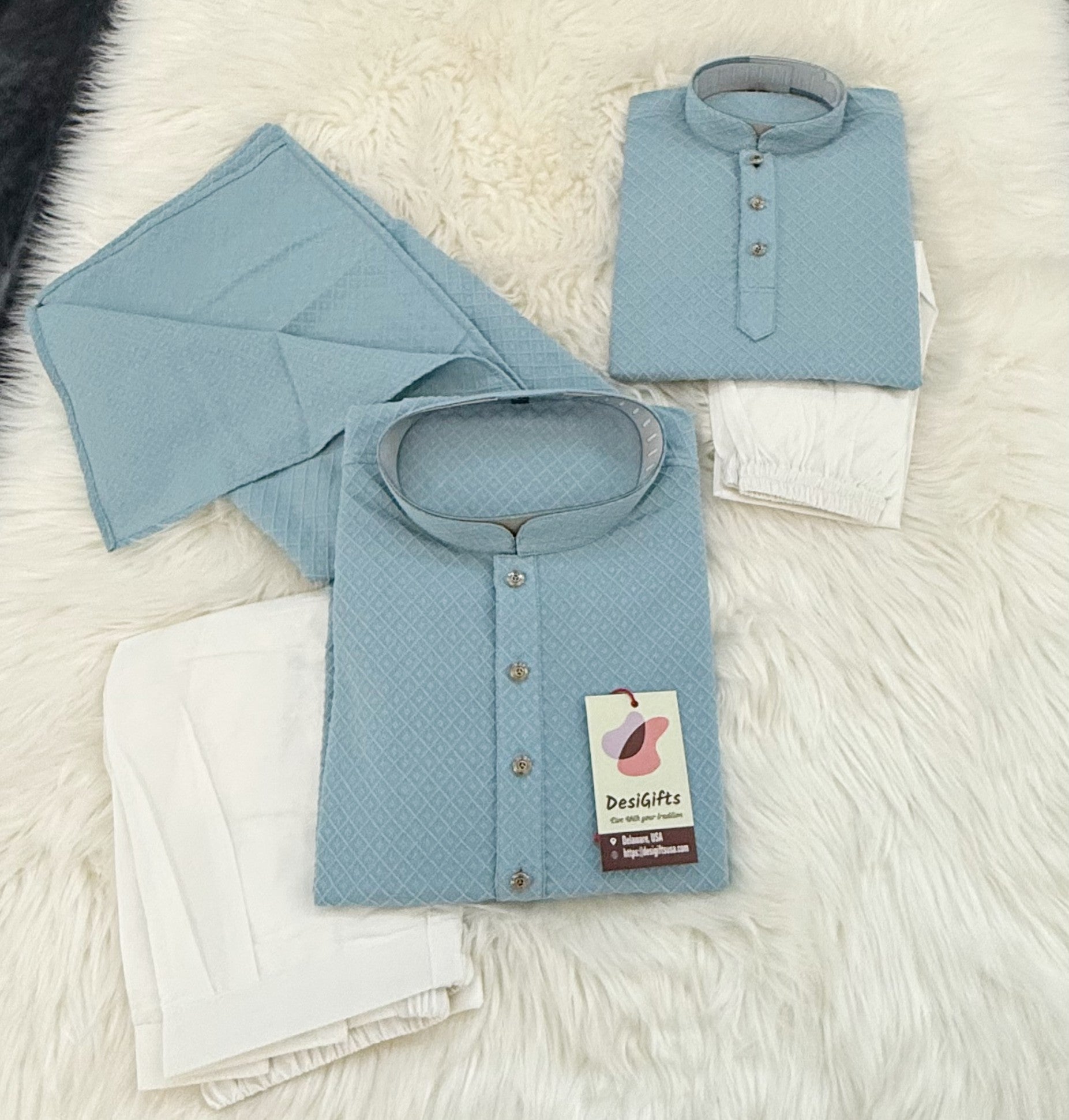 Soft Cotton Silk Kurta Pajama Set in SkyBlue Shade, Father & Son's Option for Indian Festive Clothing, DM -1808
