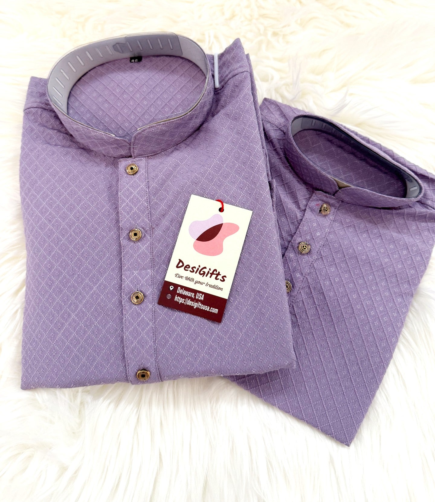 Soft Cotton Silk Kurta Pajama Set in Purple Shade, Father & Son's Option for Indian Festive Clothing, DM -1809