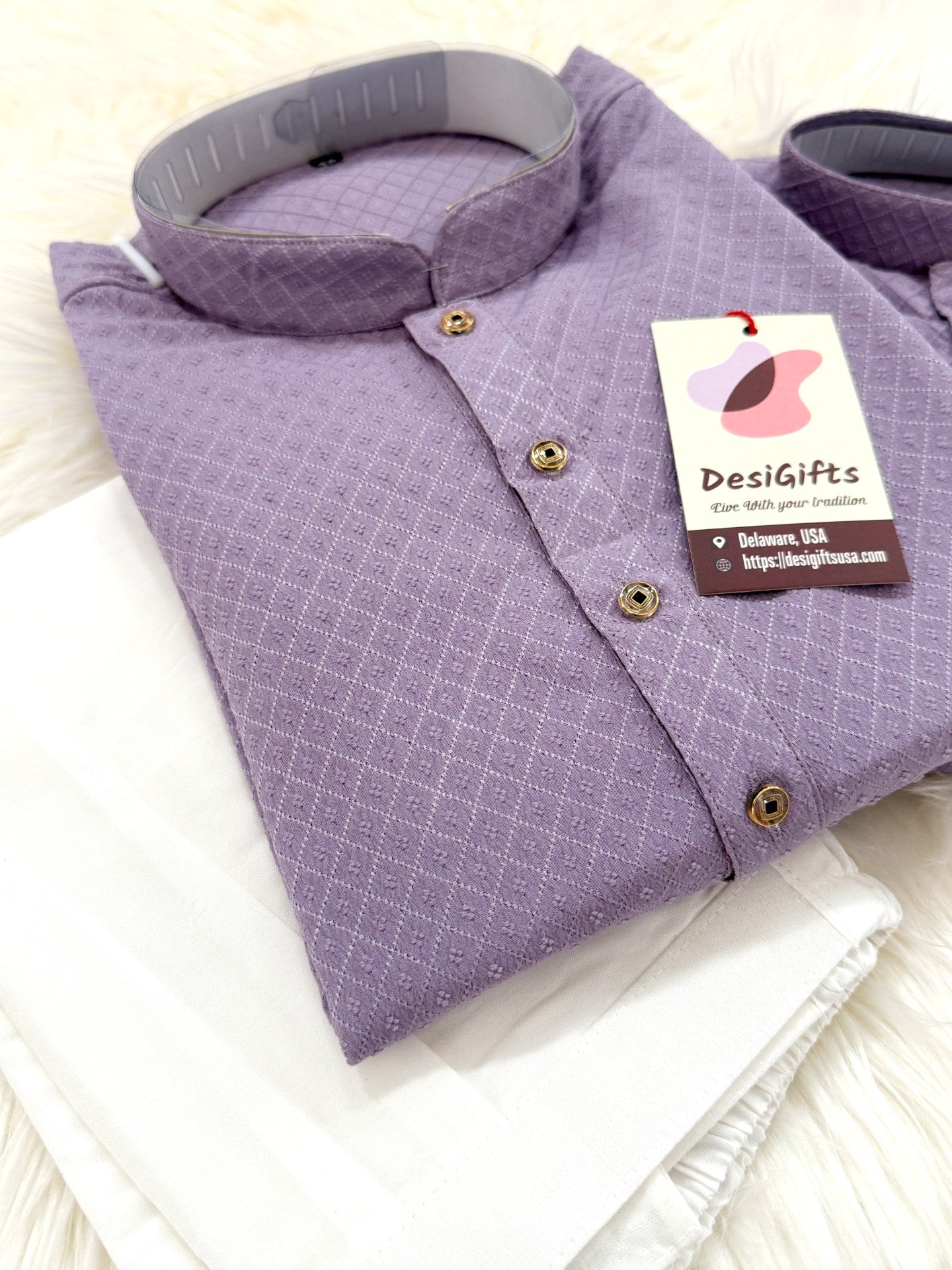 Soft Cotton Silk Kurta Pajama Set in Purple Shade, Father & Son's Option for Indian Festive Clothing, DM -1809