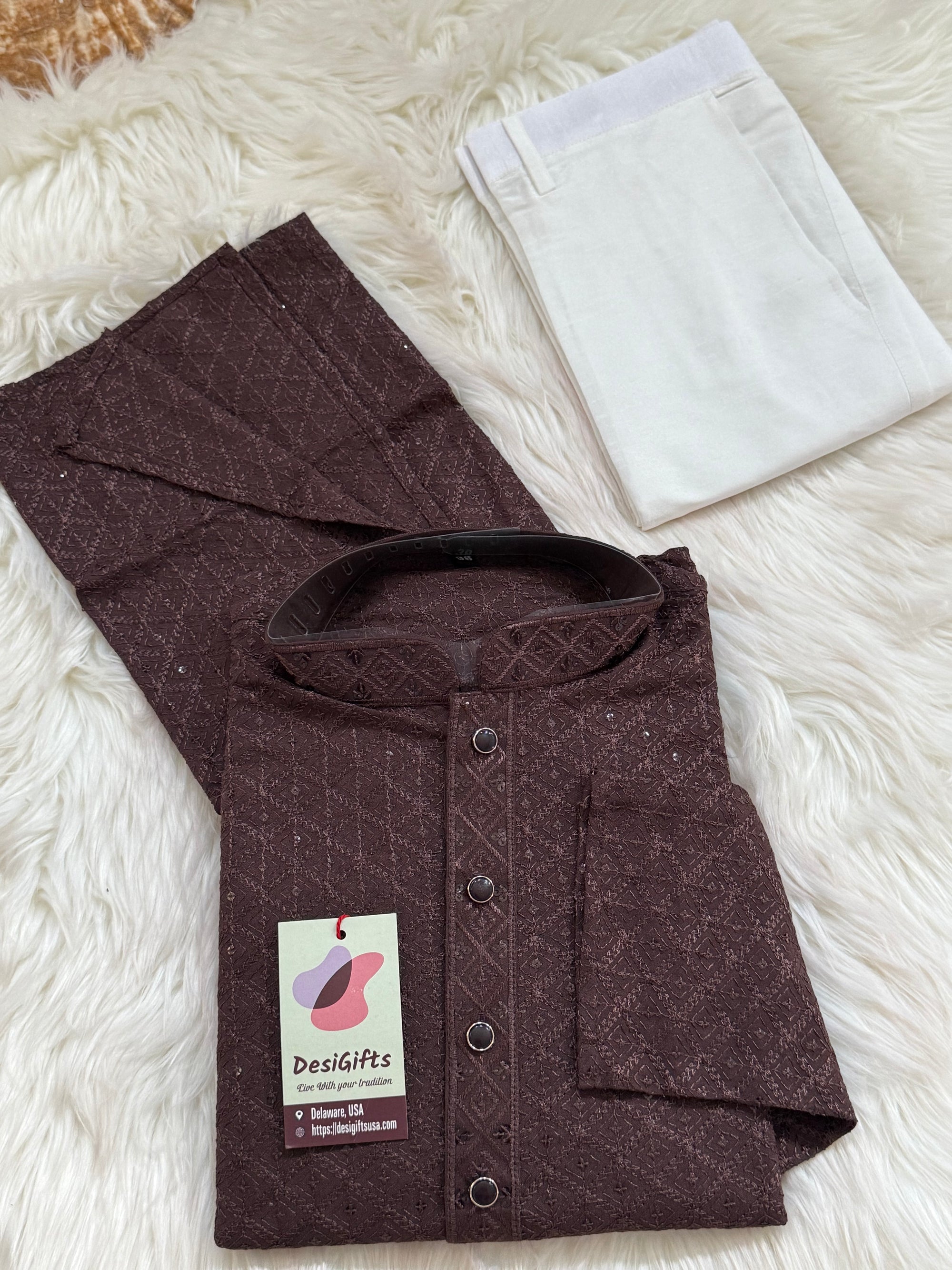 Men’s Designer Chikankari Kurta Pajama Set in Chocolate Brown with Sequin Detailing, Man KP - 1812