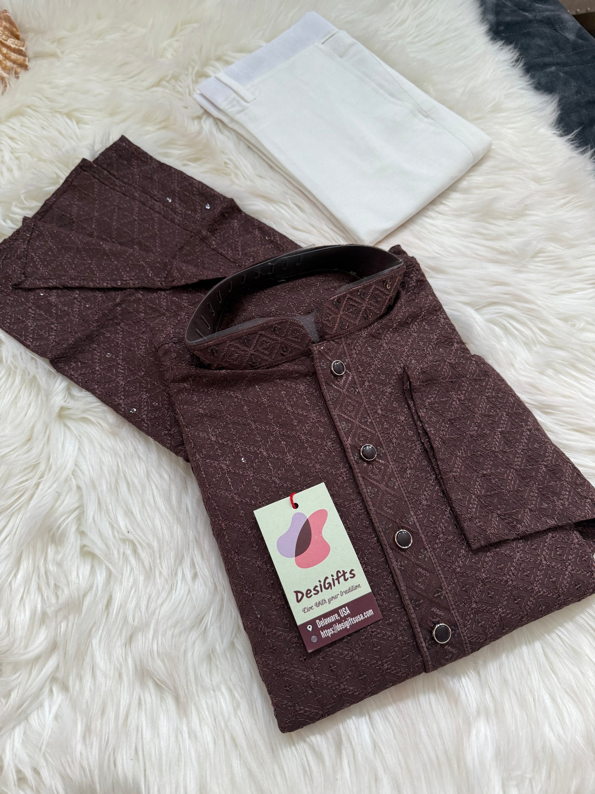 Men’s Designer Chikankari Kurta Pajama Set in Chocolate Brown with Sequin Detailing, Man KP - 1812