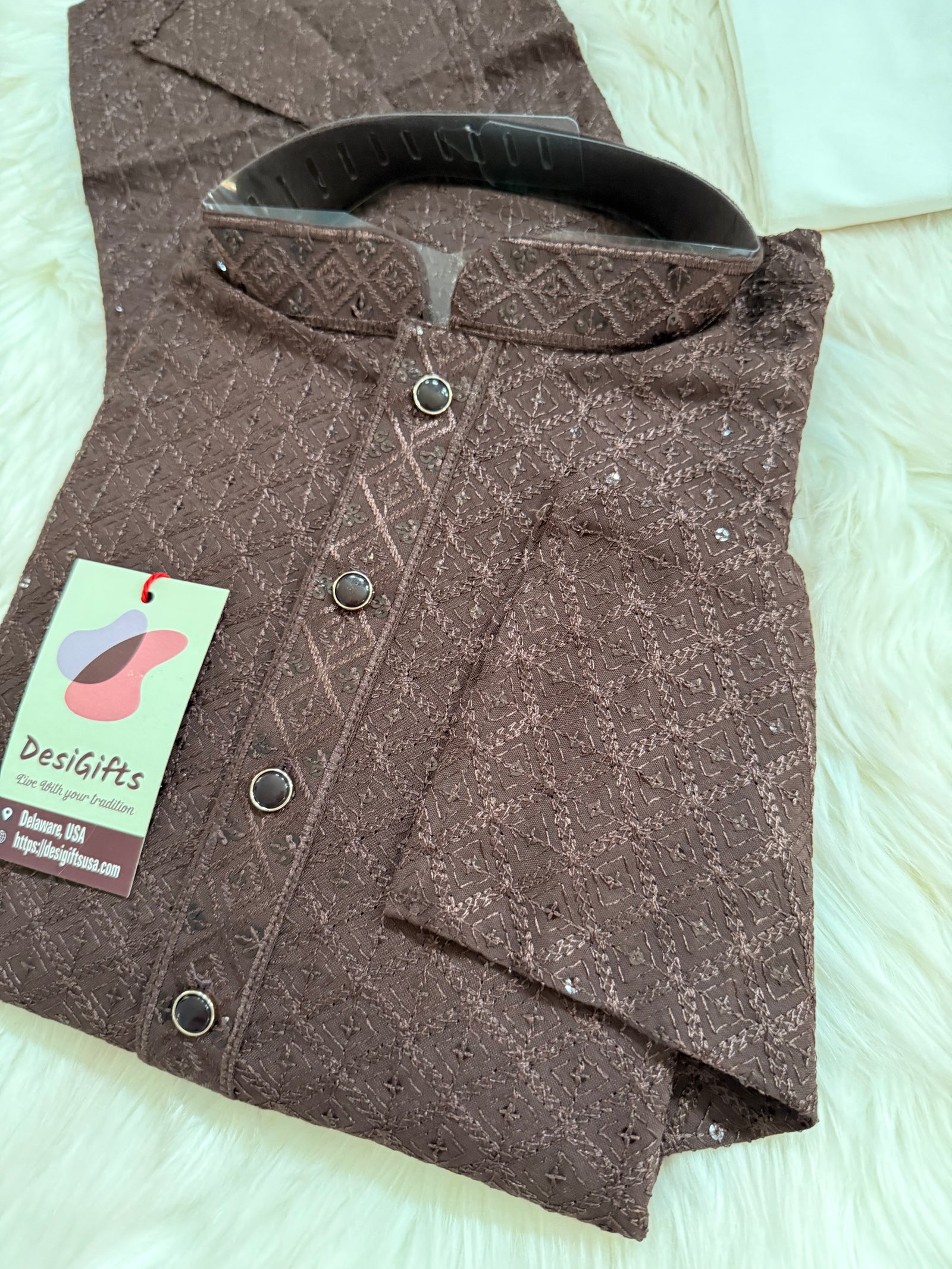Men’s Designer Chikankari Kurta Pajama Set in Chocolate Brown with Sequin Detailing, Man KP - 1812