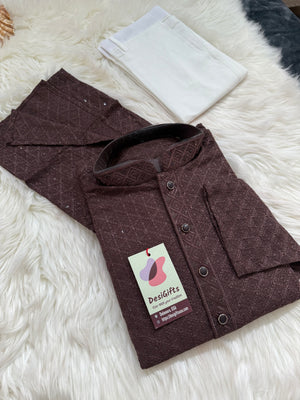 Men’s Designer Chikankari Kurta Pajama Set in Chocolate Brown with Sequin Detailing, Man KP - 1812