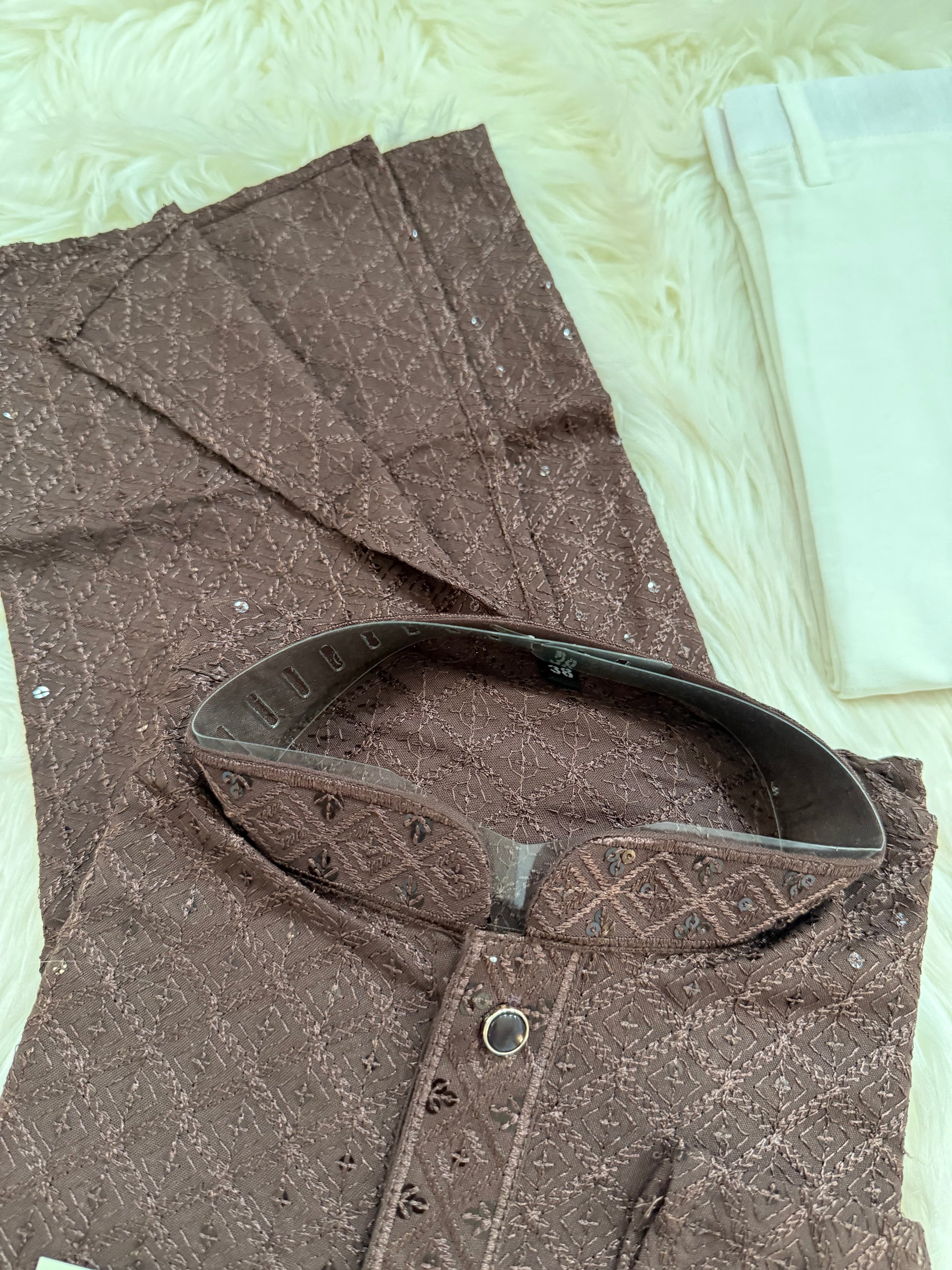 Men’s Designer Chikankari Kurta Pajama Set in Chocolate Brown with Sequin Detailing, Man KP - 1812