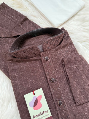 Men’s Designer Chikankari Kurta Pajama Set in Chocolate Brown with Sequin Detailing, Man KP - 1812