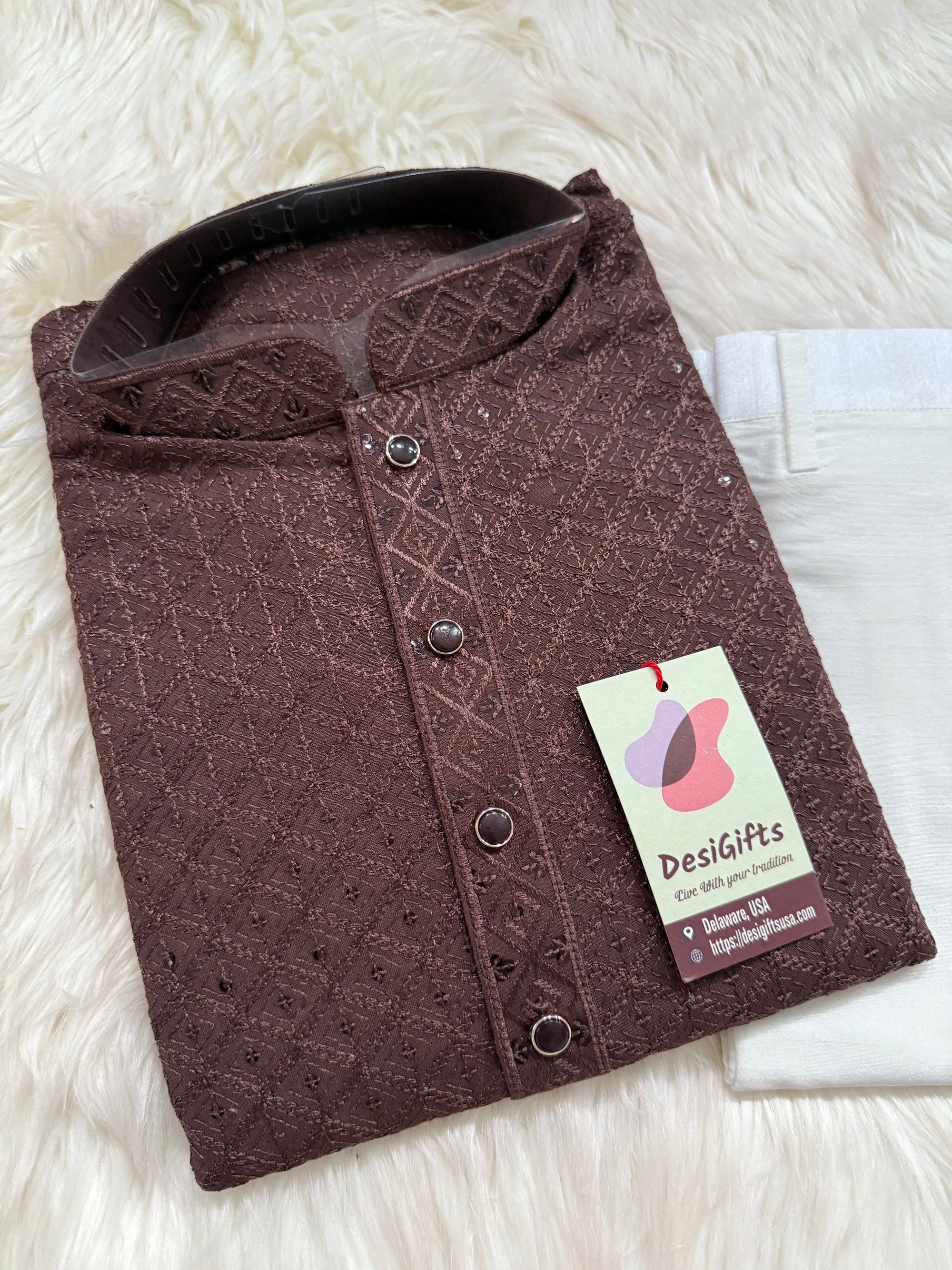 Men’s Designer Chikankari Kurta Pajama Set in Chocolate Brown with Sequin Detailing, Man KP - 1812