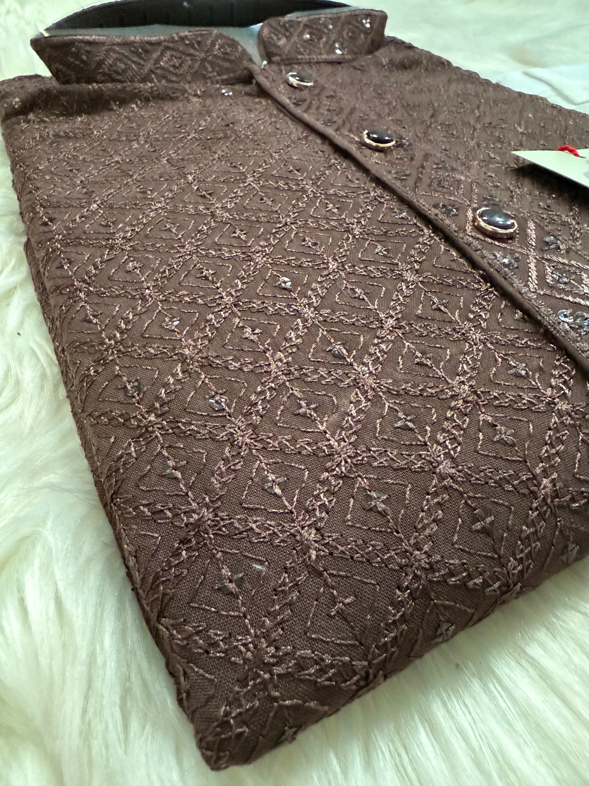 Men’s Designer Chikankari Kurta Pajama Set in Chocolate Brown with Sequin Detailing, Man KP - 1812