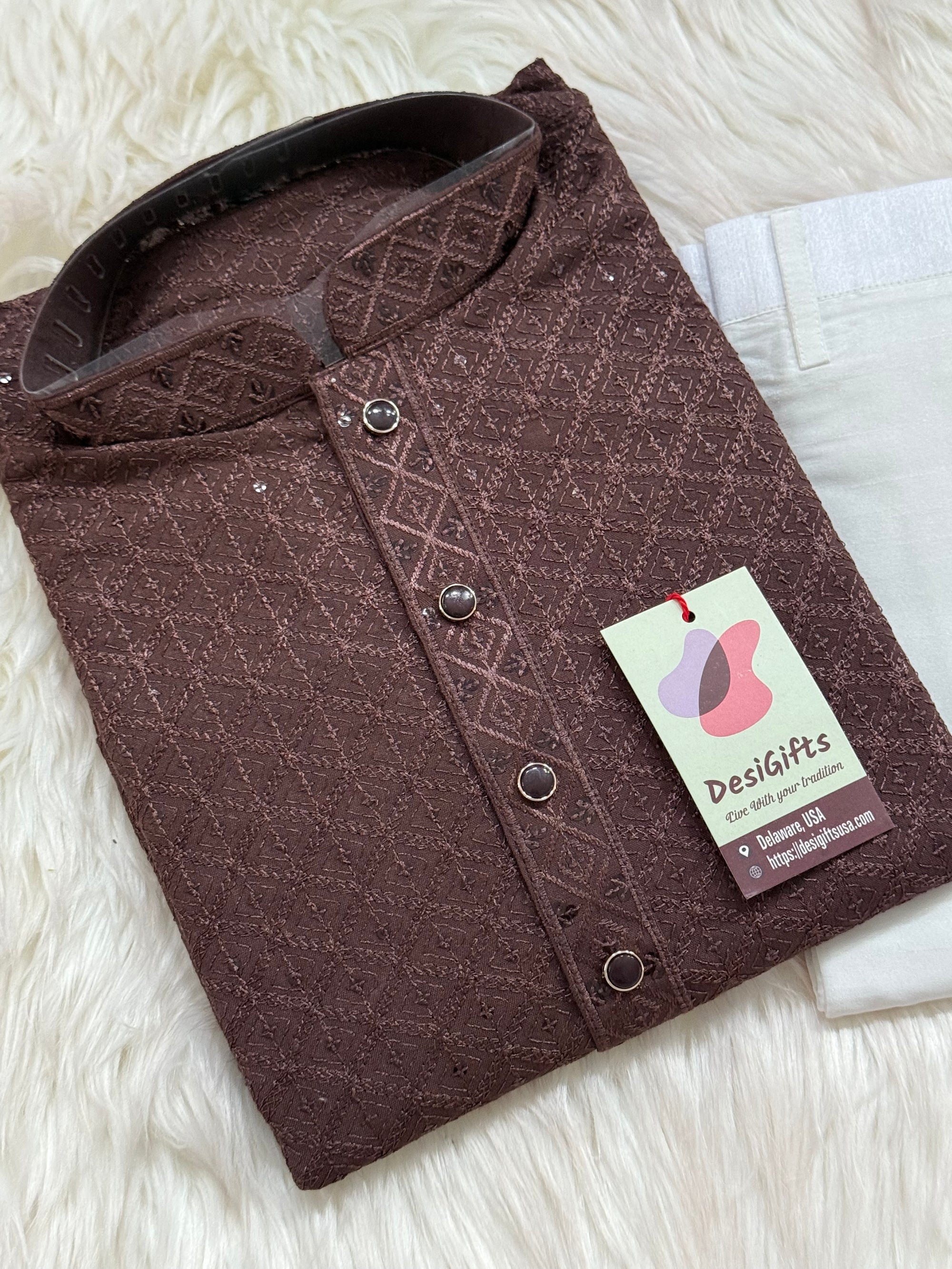 Men’s Designer Chikankari Kurta Pajama Set in Chocolate Brown with Sequin Detailing, Man KP - 1812