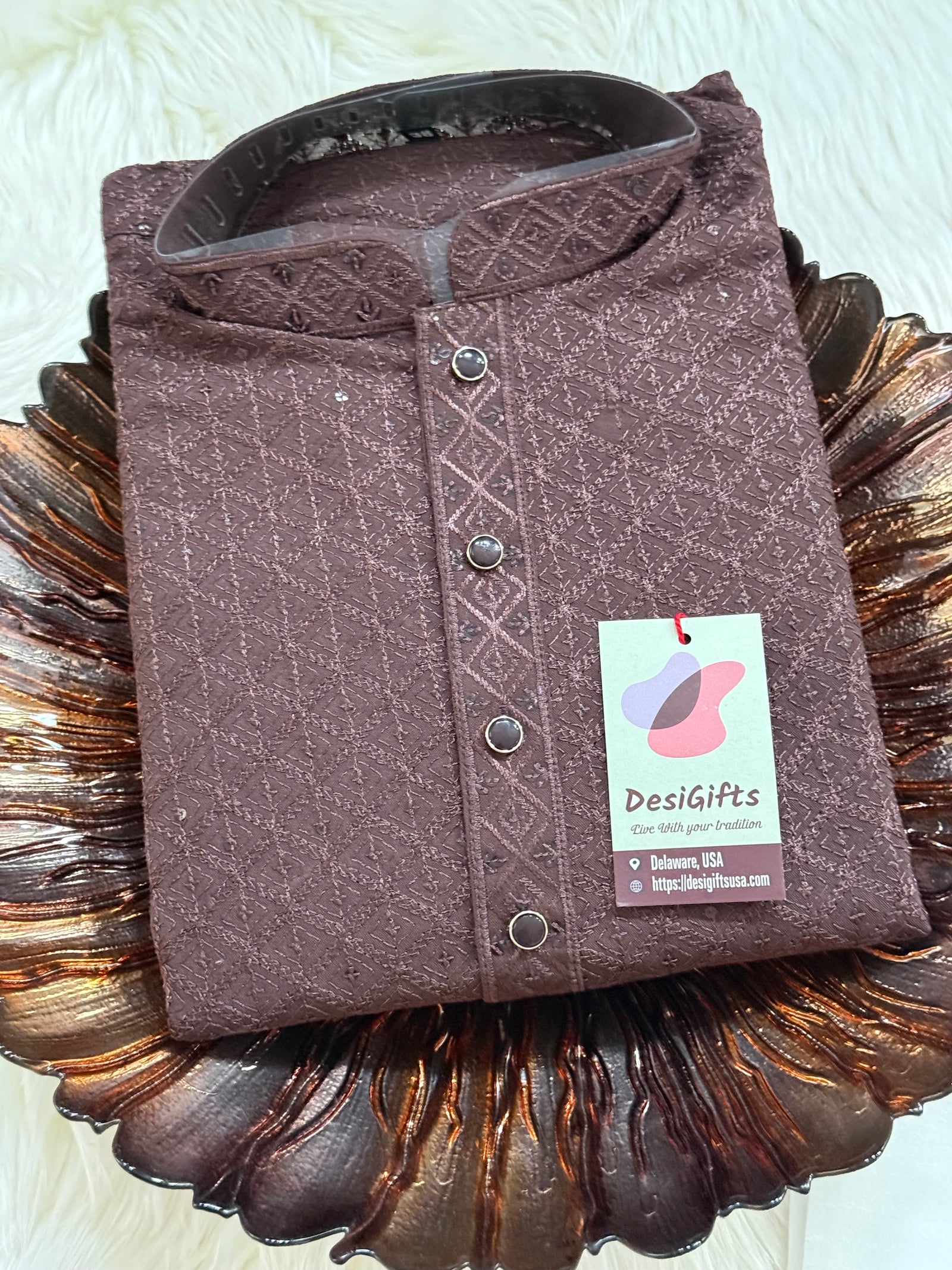 Men’s Designer Chikankari Kurta Pajama Set in Chocolate Brown with Sequin Detailing, Man KP - 1812