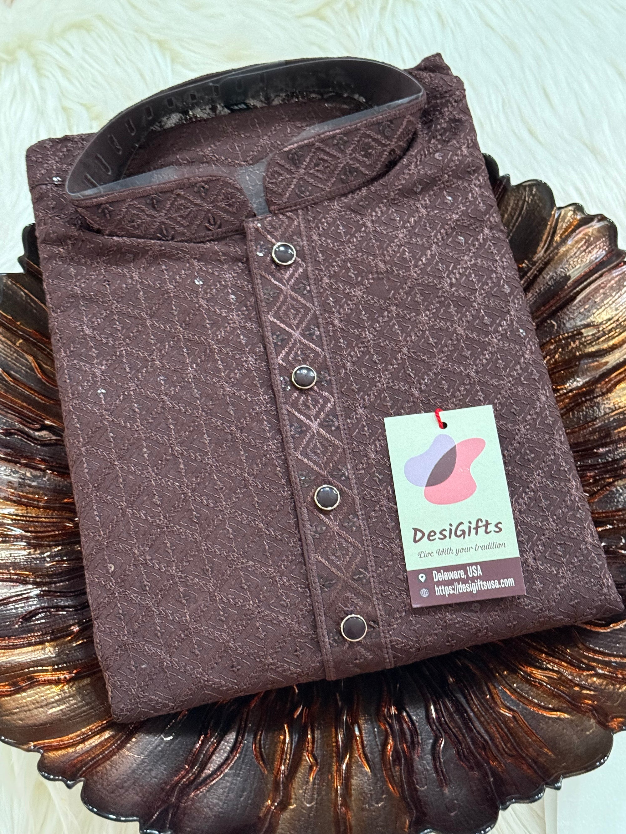 Men’s Designer Chikankari Kurta Pajama Set in Chocolate Brown with Sequin Detailing, Man KP - 1812