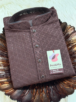 Men’s Designer Chikankari Kurta Pajama Set in Chocolate Brown with Sequin Detailing, Man KP - 1812