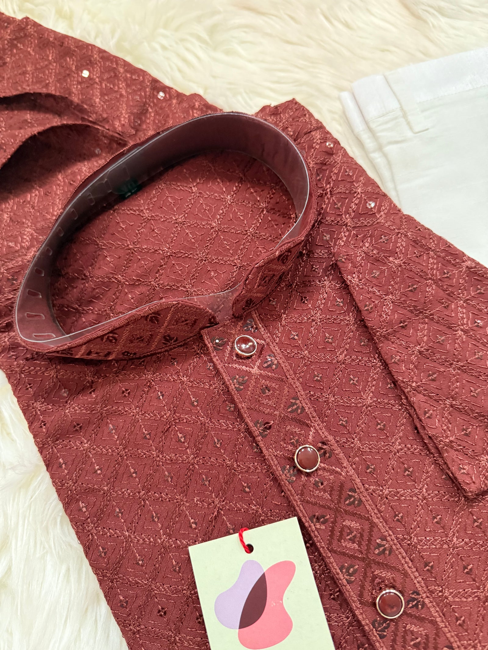 Men’s Designer Chikankari Kurta Pajama Set in Copper Brown with Sequin Detailing, Man KP - 1813