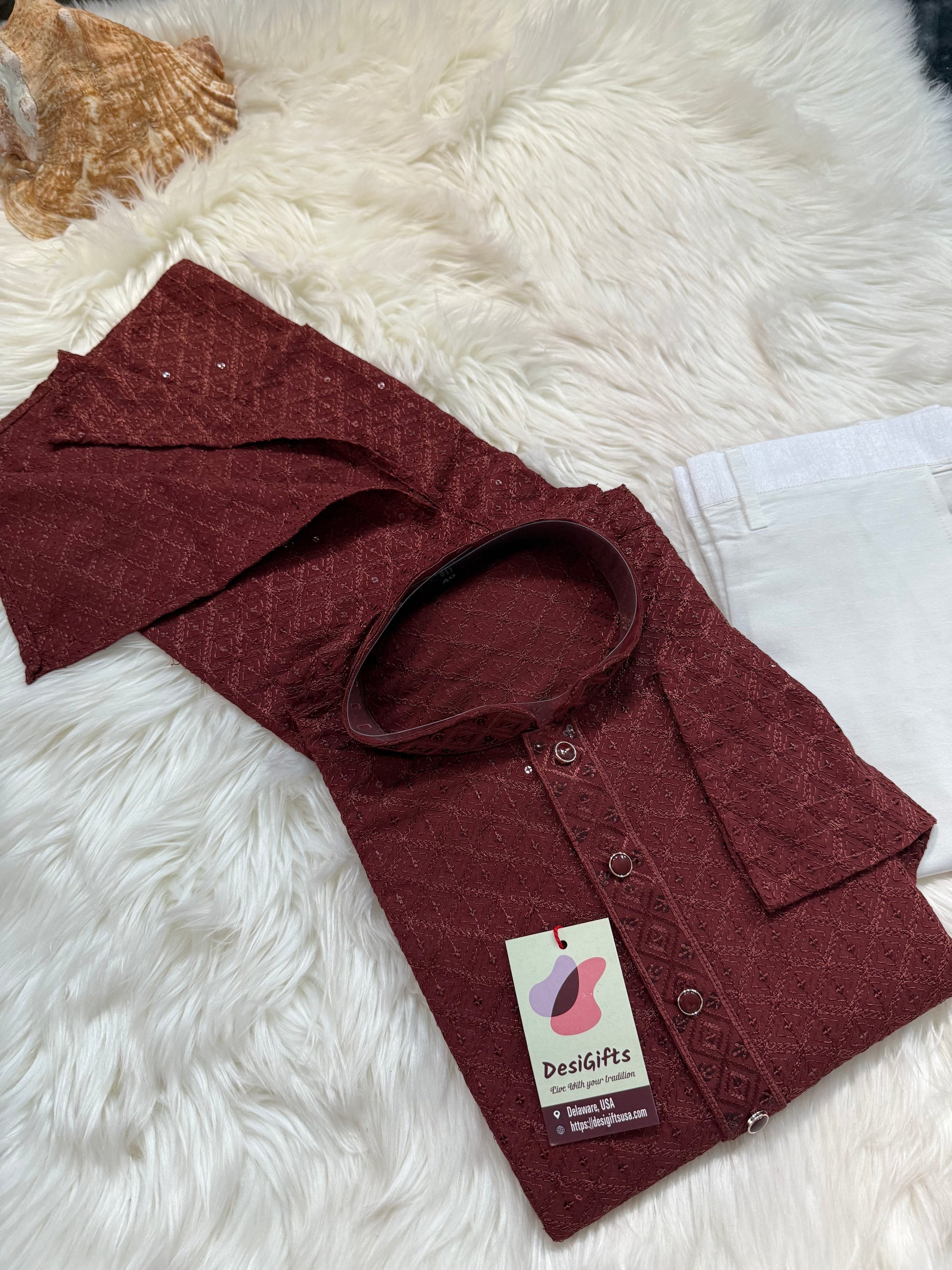 Men’s Designer Chikankari Kurta Pajama Set in Copper Brown with Sequin Detailing, Man KP - 1813