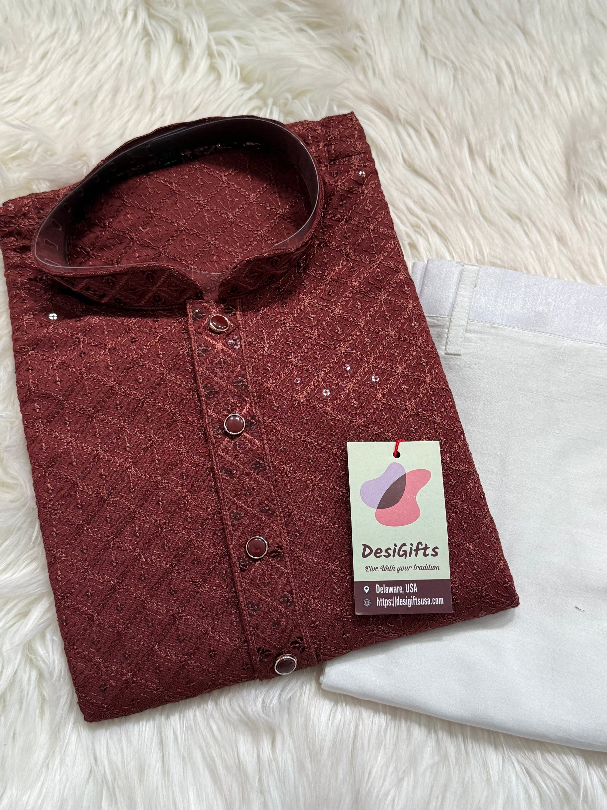 Men’s Designer Chikankari Kurta Pajama Set in Copper Brown with Sequin Detailing, Man KP - 1813