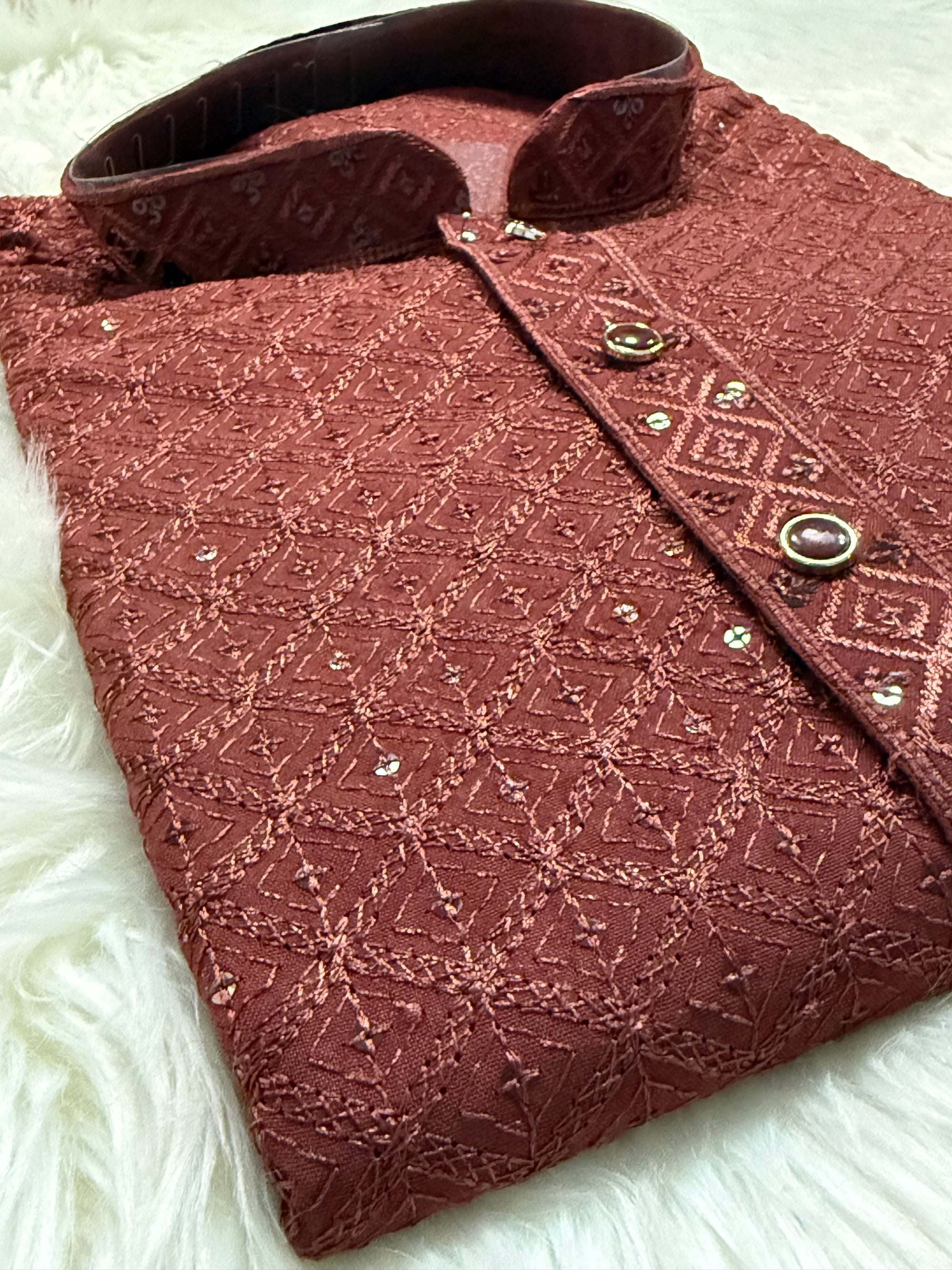 Men’s Designer Chikankari Kurta Pajama Set in Copper Brown with Sequin Detailing, Man KP - 1813