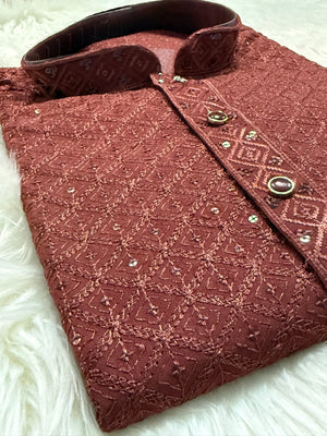 Men’s Designer Chikankari Kurta Pajama Set in Copper Brown with Sequin Detailing, Man KP - 1813
