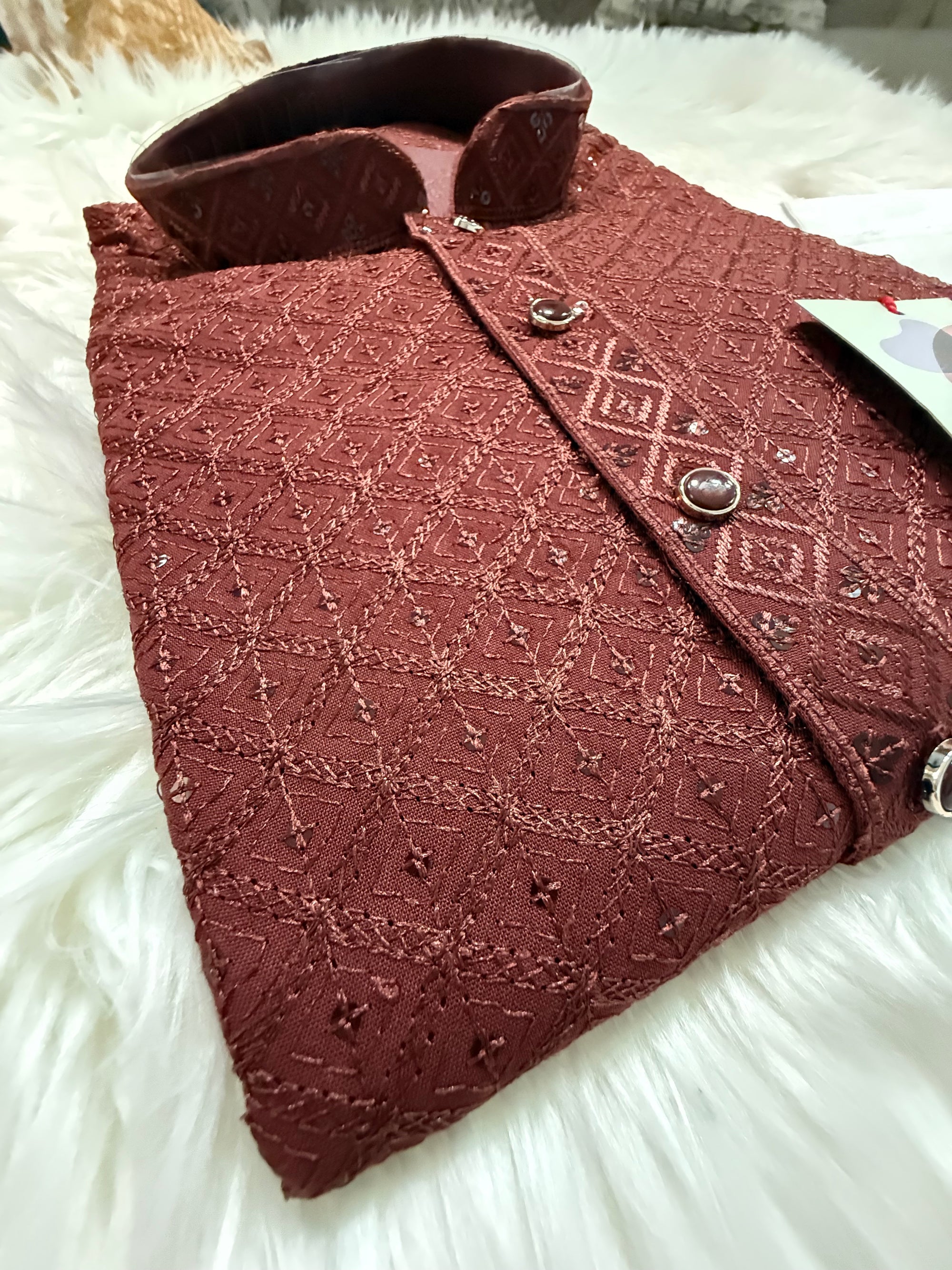 Men’s Designer Chikankari Kurta Pajama Set in Copper Brown with Sequin Detailing, Man KP - 1813