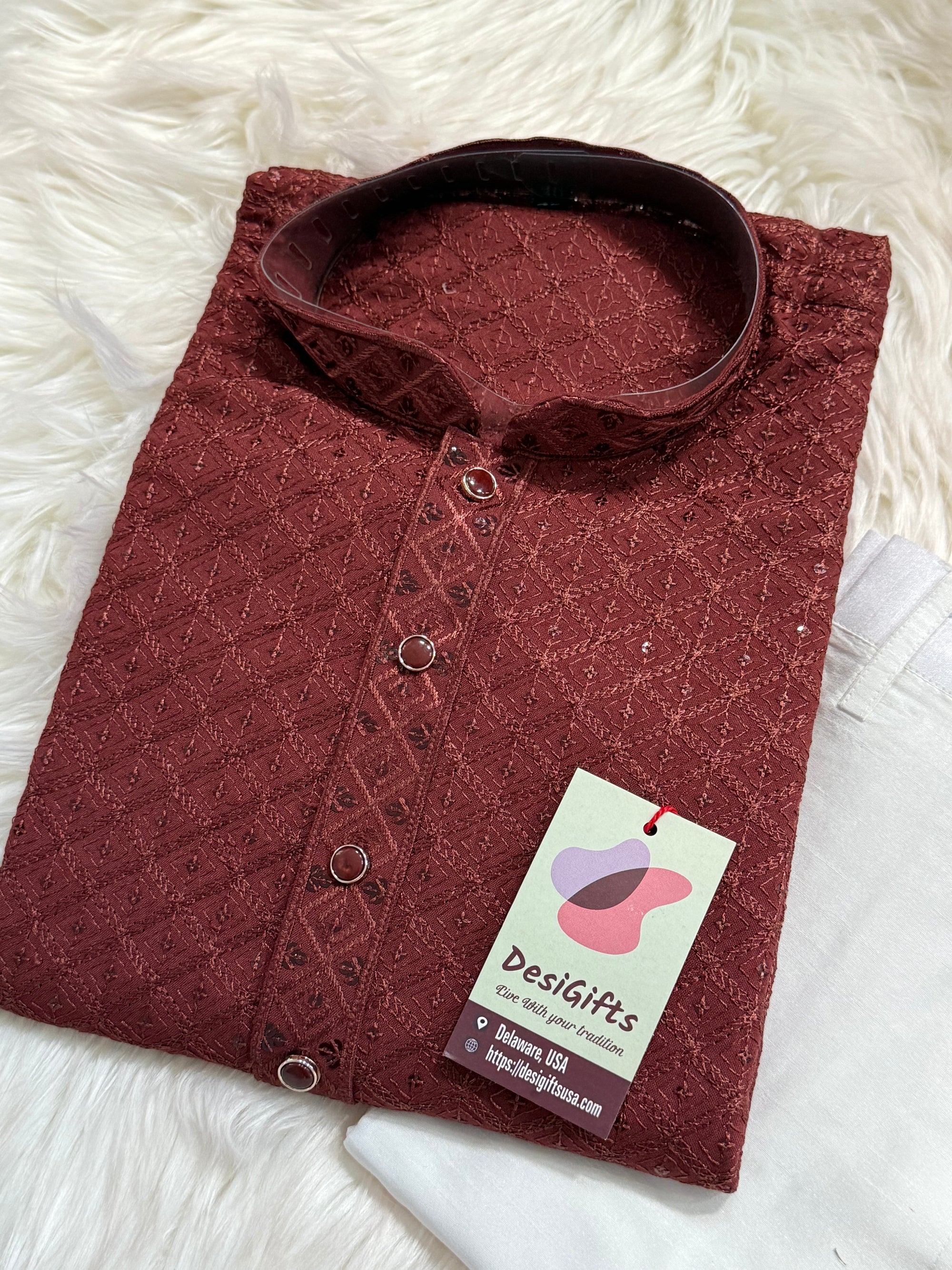 Men’s Designer Chikankari Kurta Pajama Set in Copper Brown with Sequin Detailing, Man KP - 1813