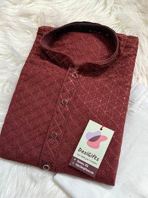 Men’s Designer Chikankari Kurta Pajama Set in Copper Brown with Sequin Detailing, Man KP - 1813
