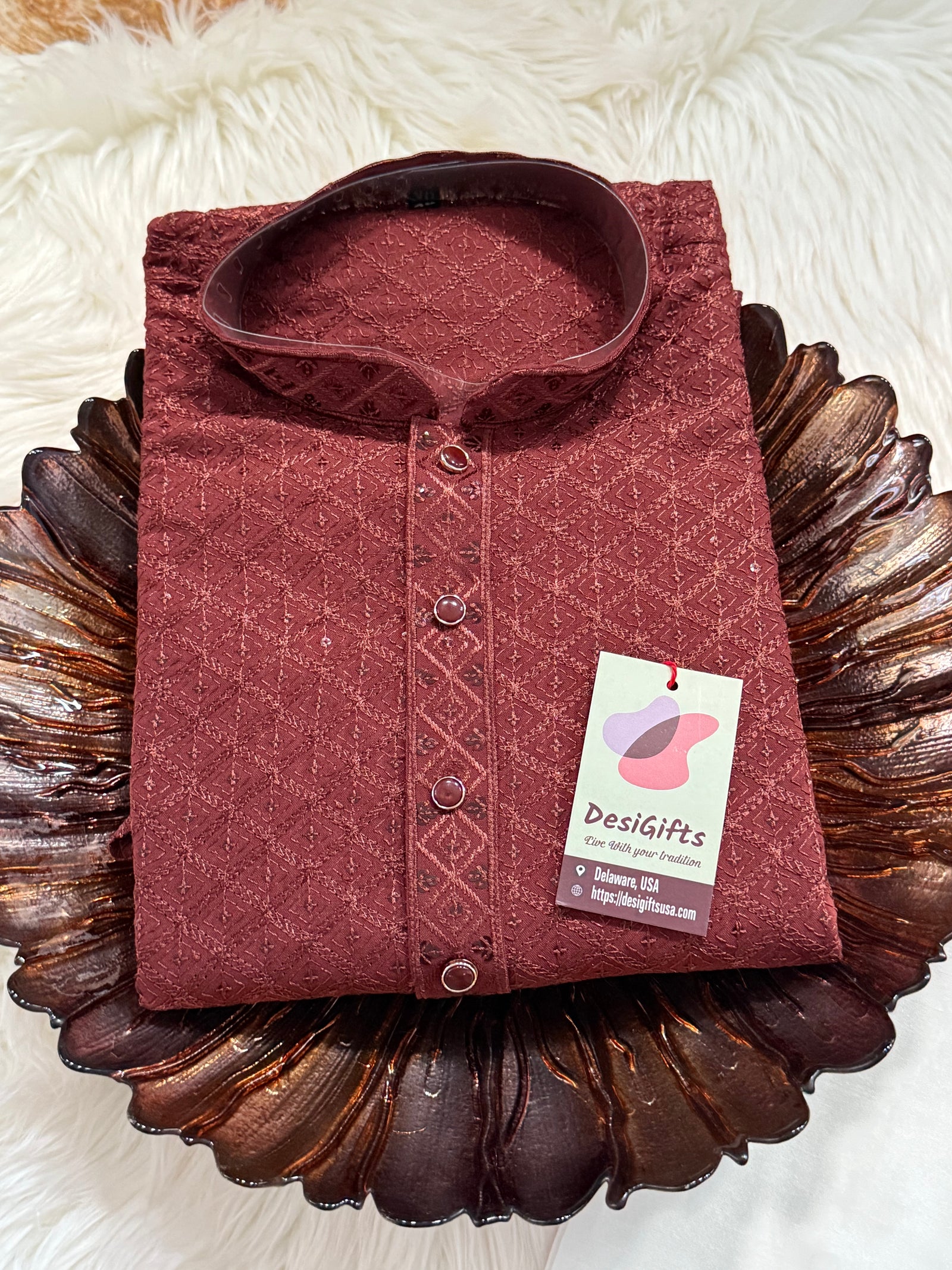 Men’s Designer Chikankari Kurta Pajama Set in Copper Brown with Sequin Detailing, Man KP - 1813