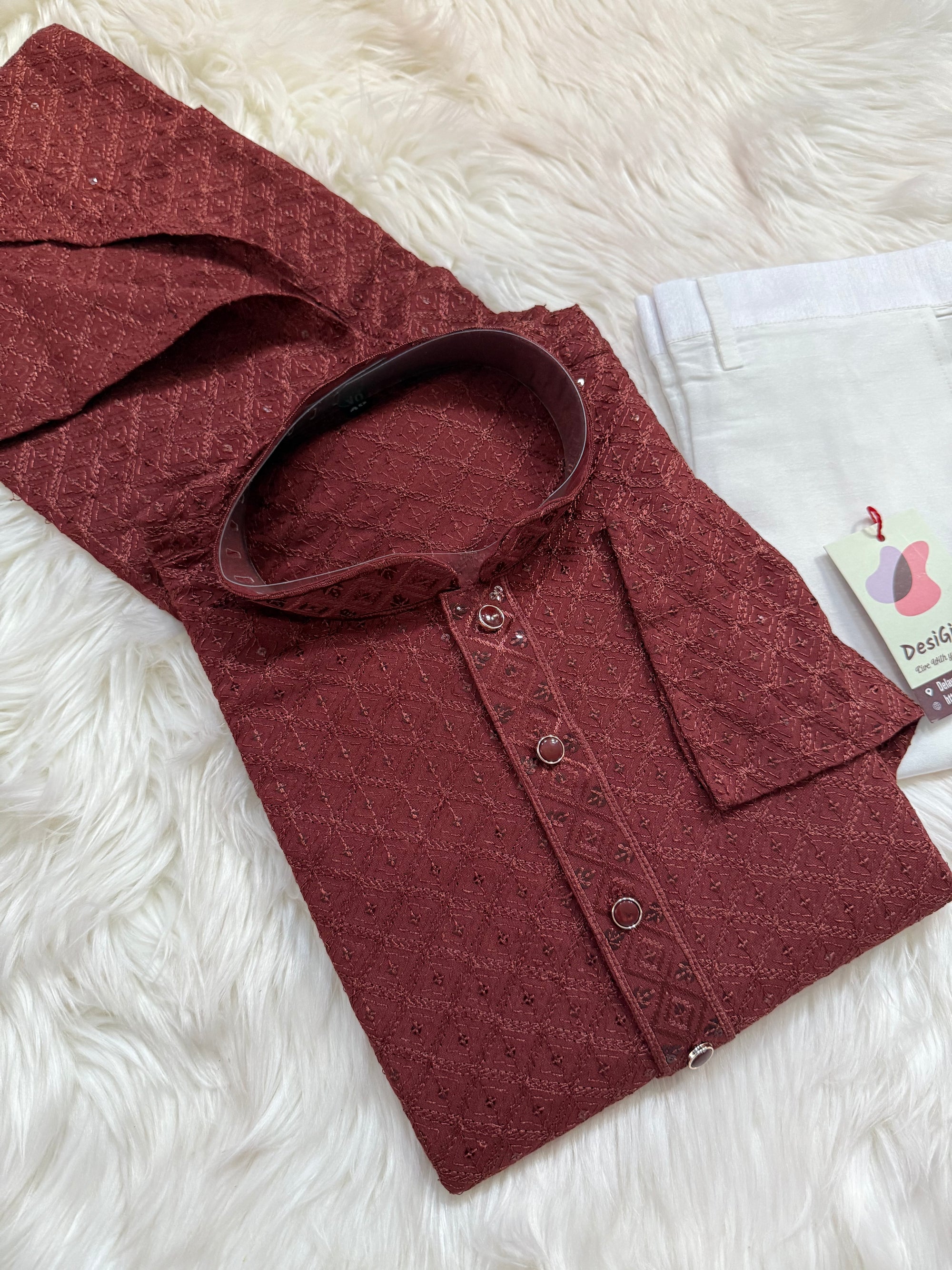 Men’s Designer Chikankari Kurta Pajama Set in Copper Brown with Sequin Detailing, Man KP - 1813